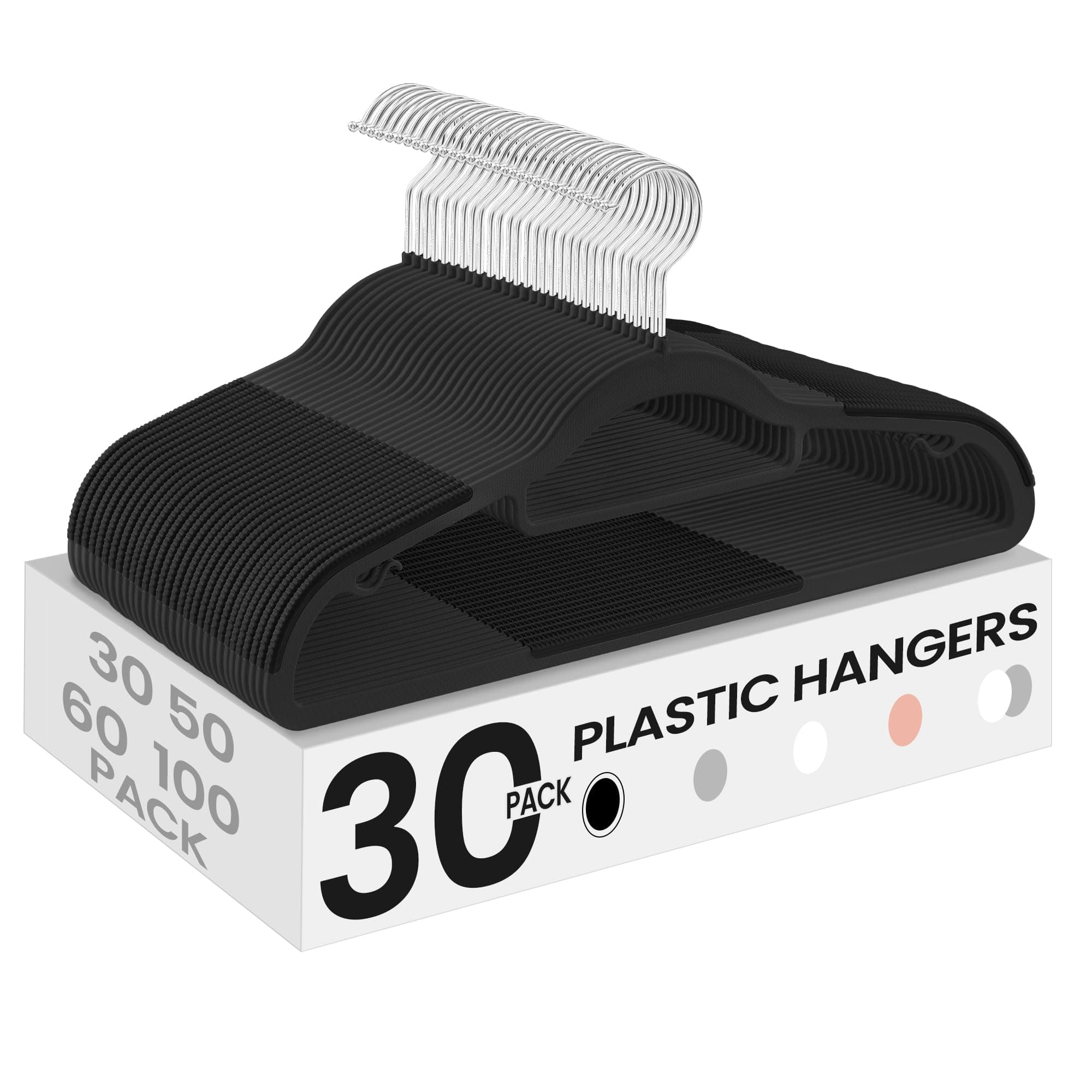 SONGMICS Pack of 30 Coat Hangers, Space-Saving Plastic Clothes Hangers, Non-Slip, 0.2 Inches Slim, 16.5 Inches Wide, 360° Swivel Silver Hook, Black UCRP20BK30