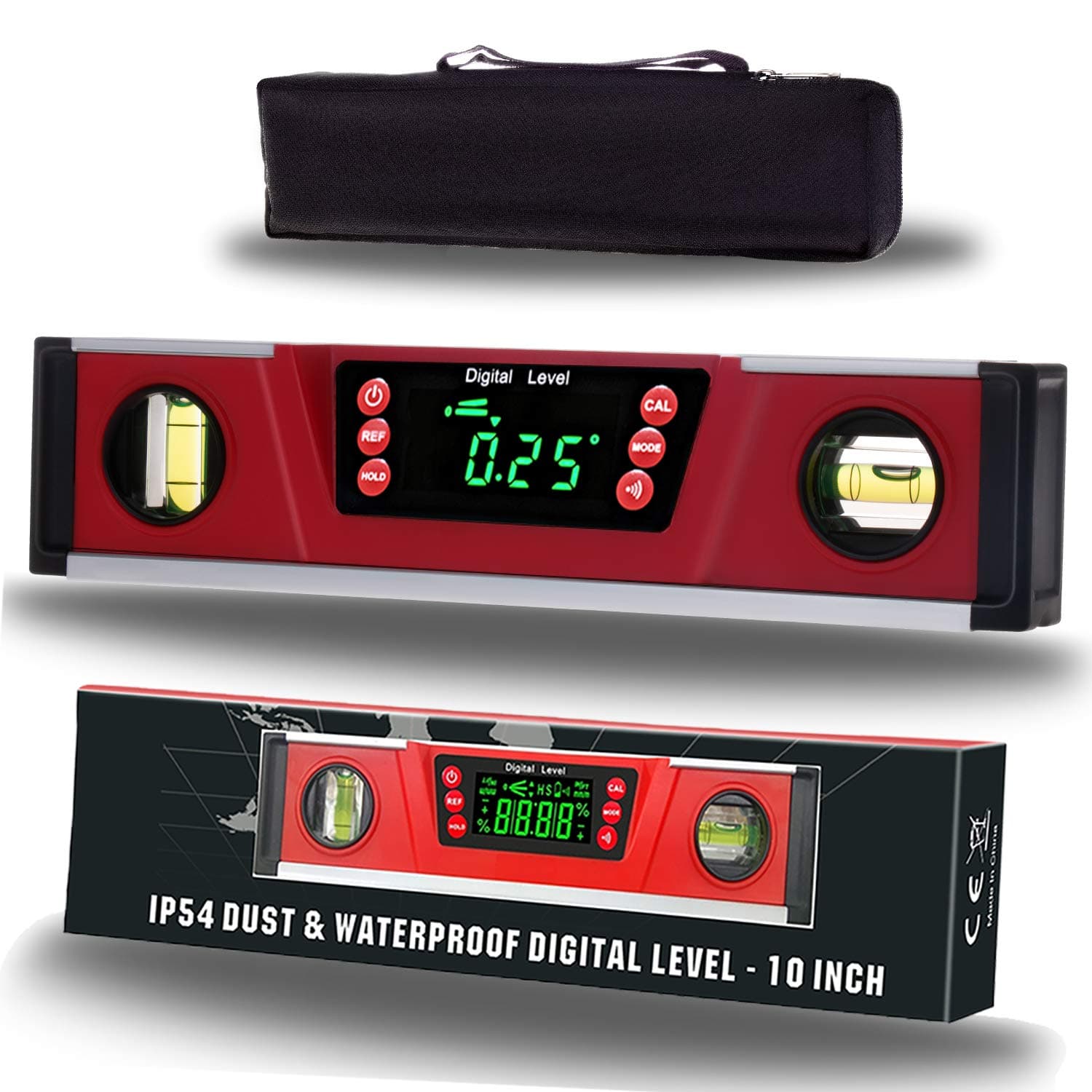 10-Inch Digital Torpedo Level and Protractor | Neodymium Magnets | Bright LED Display | V-Groove Magnetic Base | IP54 Dust/Water Resistant Smart Level with Carrying Bag