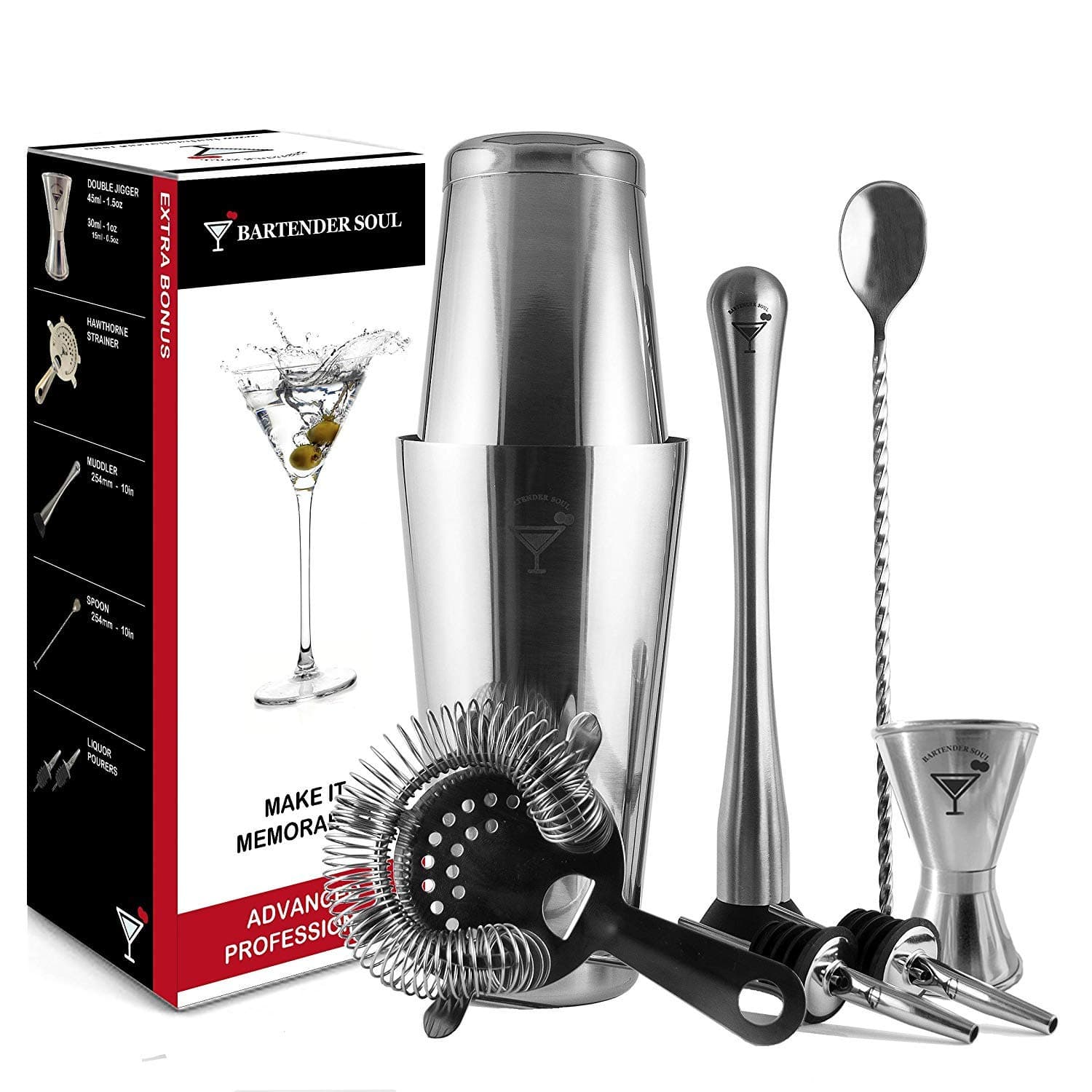 Professional Cocktail Shaker - 750ml - 0.8mm - with Jigger, Versatile Silicone Coaster/Drainer and Recipe Guide - High Performance Stainless Steel (Mirror)