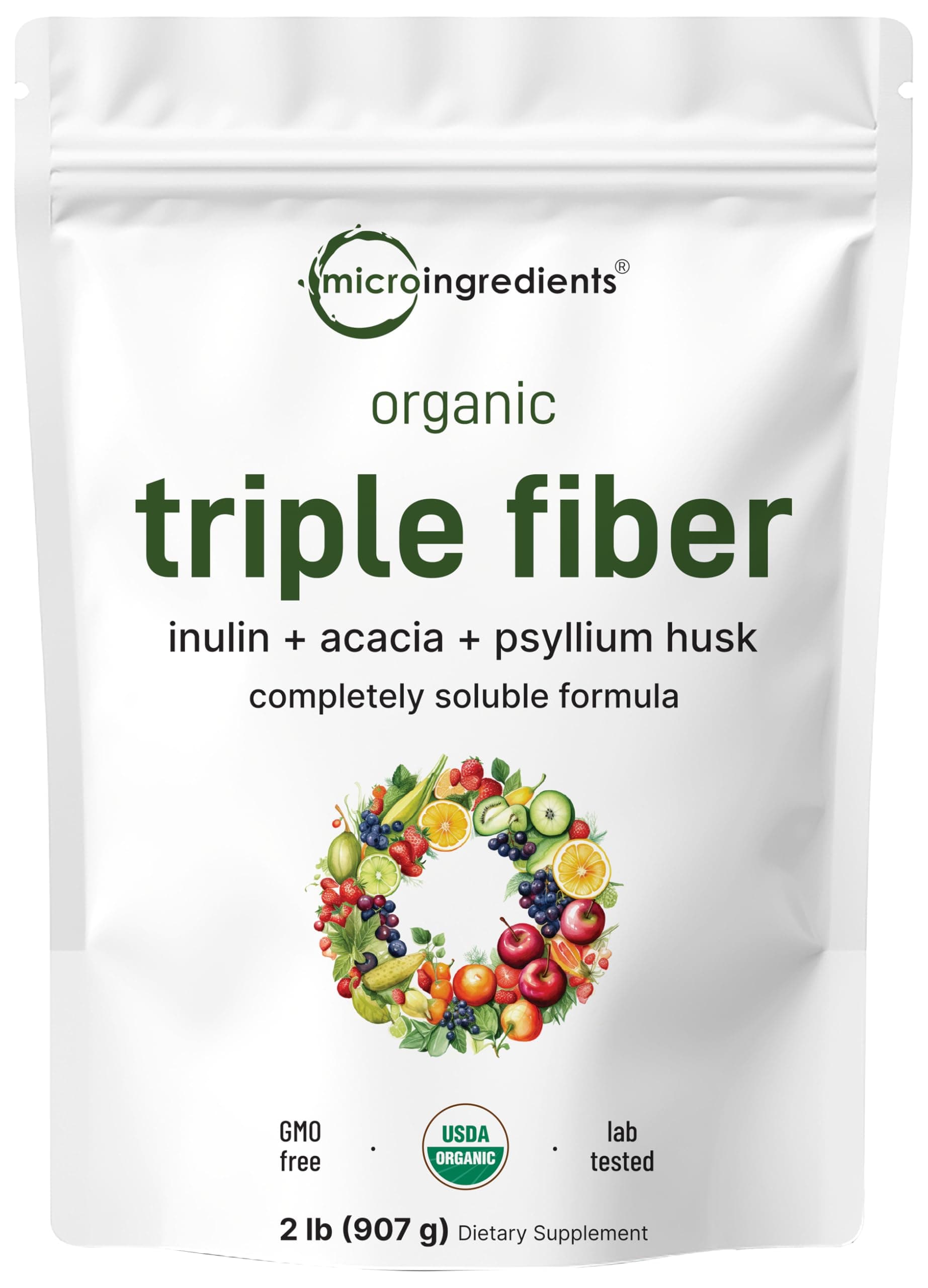 Micro Ingredients Organic Triple Fiber Powder, 2lb | Natural Prebiotic to Support Digestive & Gut Health | Soluble, Easily Digestible | Unflavored, Vegan