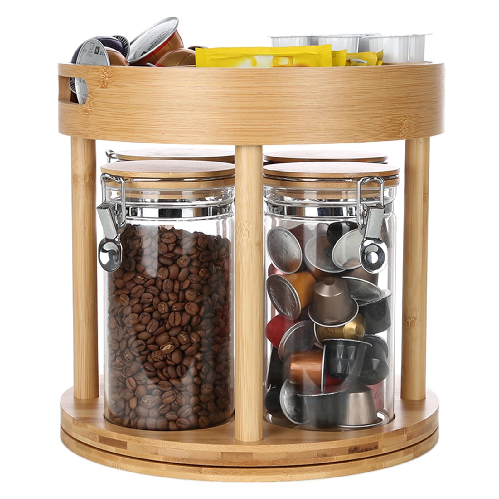 KKC Glass Coffee Containers with Rotatable Rack, Coffee Station Organizer Rotatable, ,4x40 oz Coffee Bean Storage Jar with Airtight Locking Clamp, Coffee Countertop Rack for Ground Coffee
