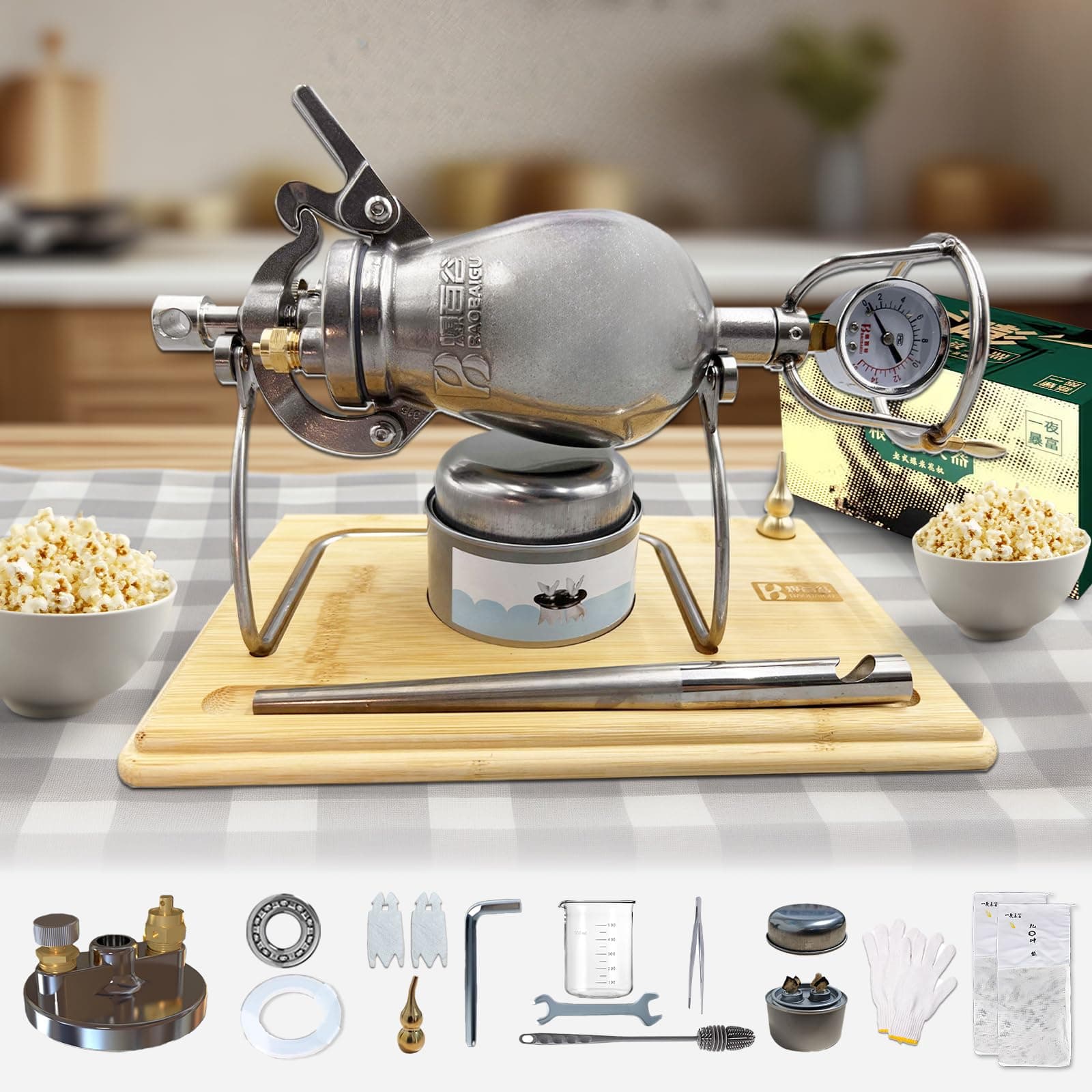 520ML Chinese Popcorn Maker, Chinese Popcorn Cannon Machine, High Pressure Popcorn Popper, Stainless Steel Hand Popcorn Machine for Family Gathering Party Fun with 2 Bags
