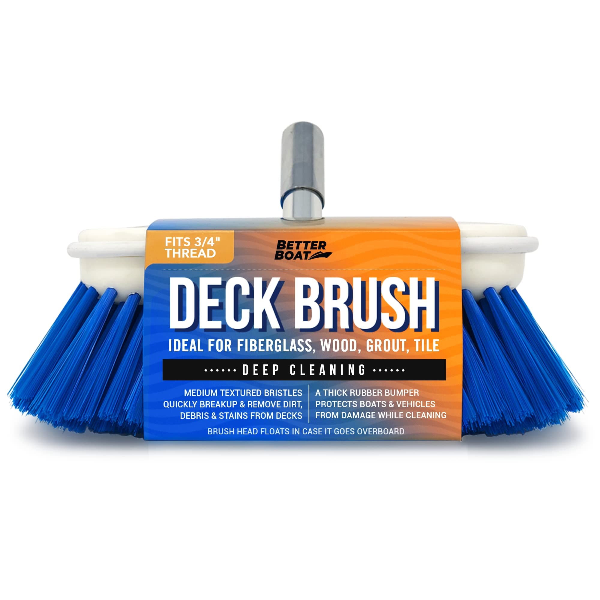 Better Boat Deck Brush Medium Bristle 8" Head Scrub Cleaning with Bumper 3/4" Thread