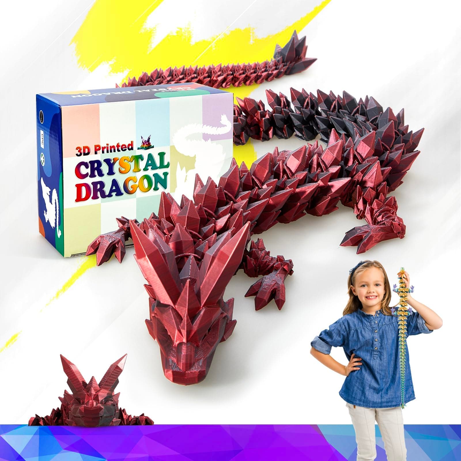 3D Dragon,Huge 3D Printed Dragon,Flexible Ariculated Dragon,3D Printed Crystal Dragon Toy,Creative and Fun Fidget Toy,Dragon Figurine Decor (Black-Red, 24 inch)