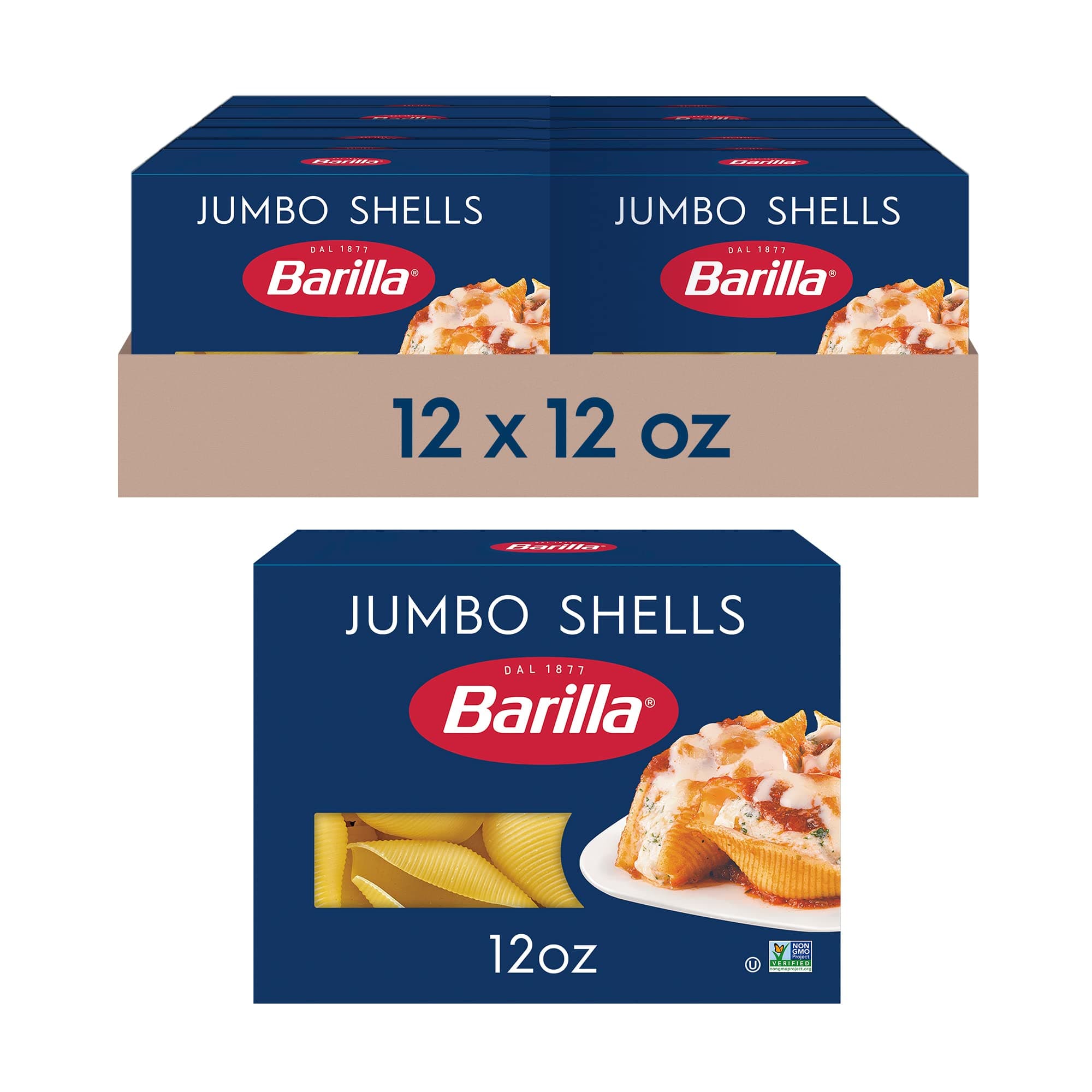Barilla Jumbo Shells Pasta, 12 oz. Box (Pack of 12) - Non-GMO, Made with Durum Wheat Semolina - Kosher Certified