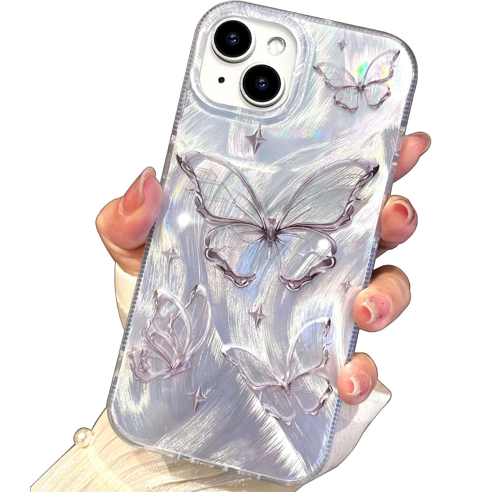 I-MGAE-IN-AR Compact Case for iPhone 15 Shiny Silver Butterfly Design,Cute Trendy Soft Slim TPU Shockproof Protective Phone Cases Cover for Women Girls Aesthetic Glitter