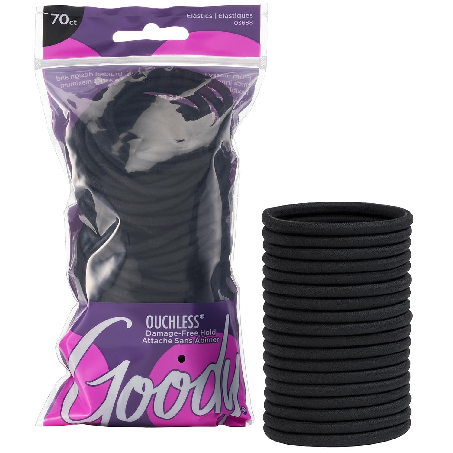 Goody Ouchless Hair Elastics – No Pull, No Breakage, Tangle-Free Hold for Thick, Curly, Coily & Textured Hair – 70 Count, Black, Long-Lasting Ponytail Holders for Women & Men