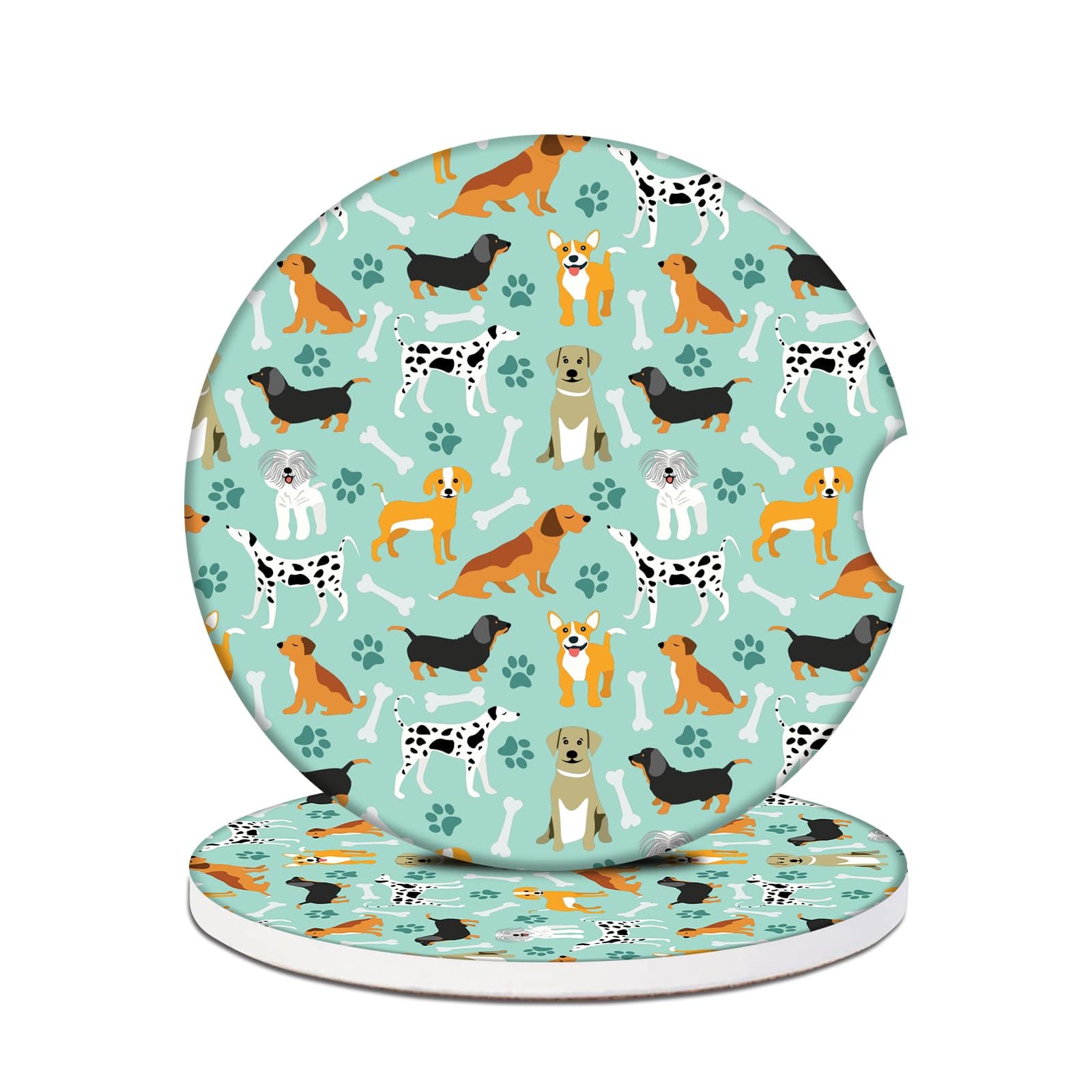 Car Cup Holder Coasters - Green Cute Dogs Absorbent Ceramic Coaster 2 Pack, Anti Slip Car Coasters for Cup Holders, Fashion Car Interior Accessories Drink Coaster for Women & Men