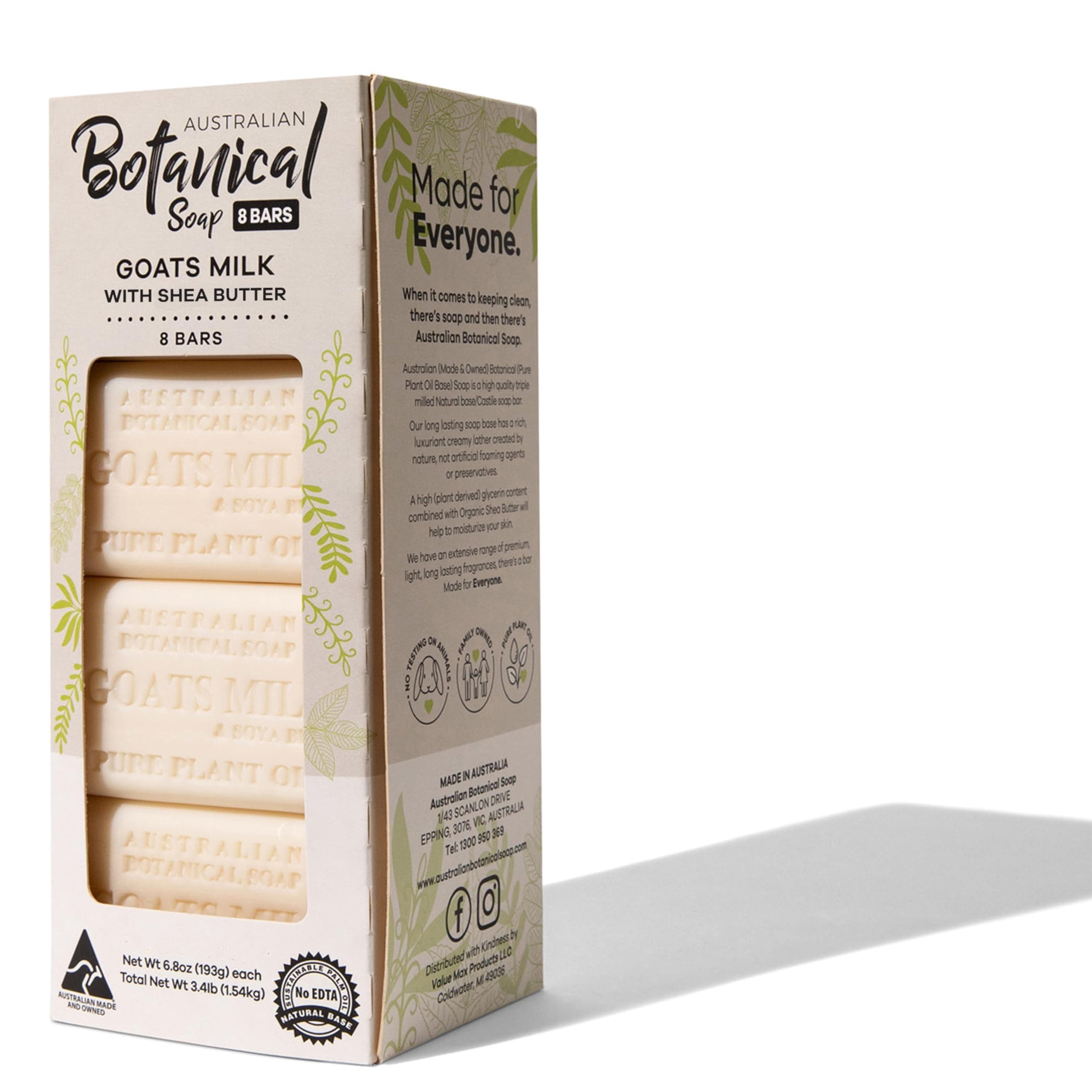 Australian Botanical Soap, Goat Milk Soap with Shea Butter, 6.6 oz. Bars, Triple Milled Body Cleanser, Made in Australia with African Shea Butter and Native Goat Milk, All Skin Types, Pack of 8