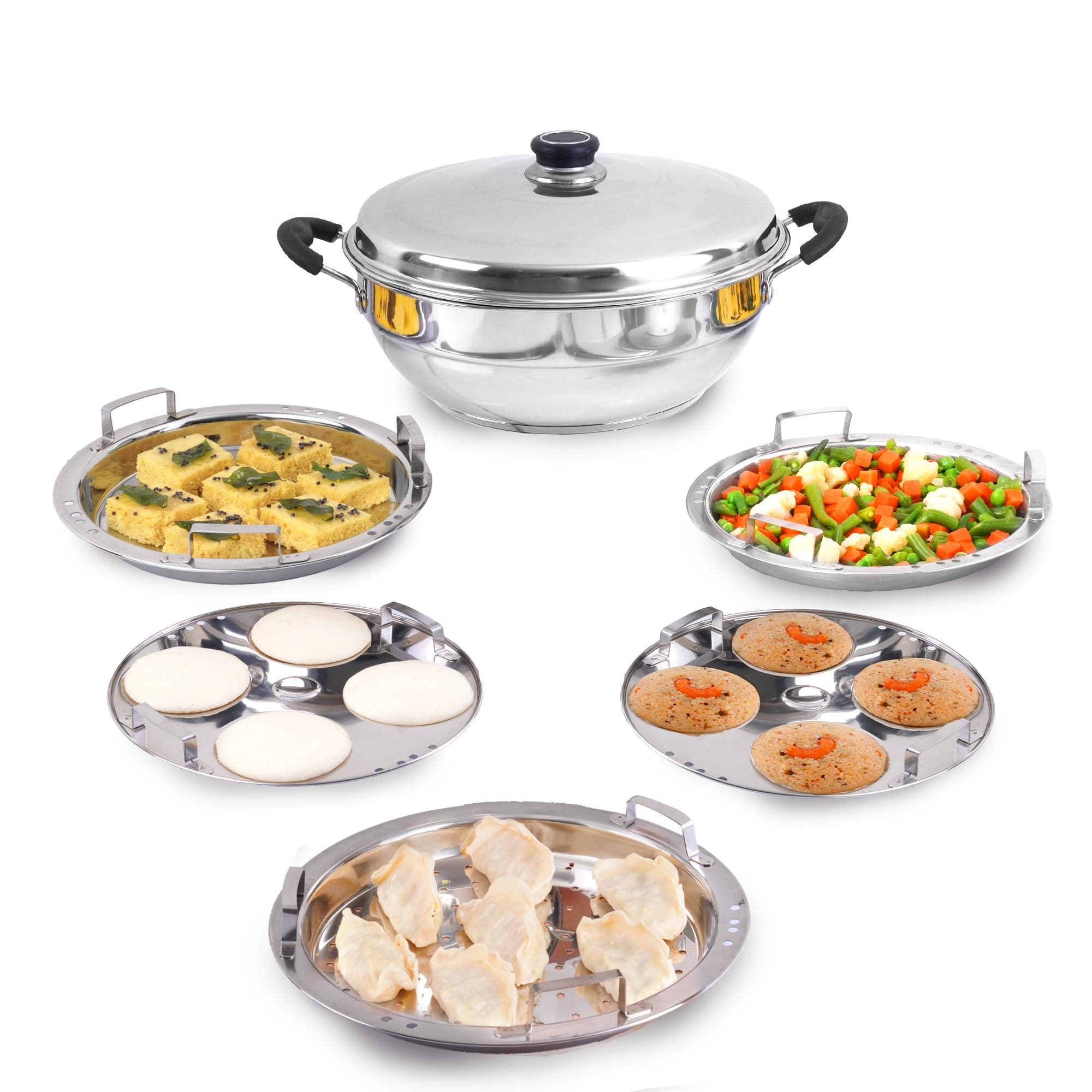 - Stainless Steel Idli Maker/Momo Maker/Multi Kadai/Steamer Set | Small, 5 Plates, 2 Idli | 2 Dhokla | 1 Steamer | 23cm/9 inch, 3Ltr, 1.7kg | 3-Layer Thick Bottom | Induction Friendly