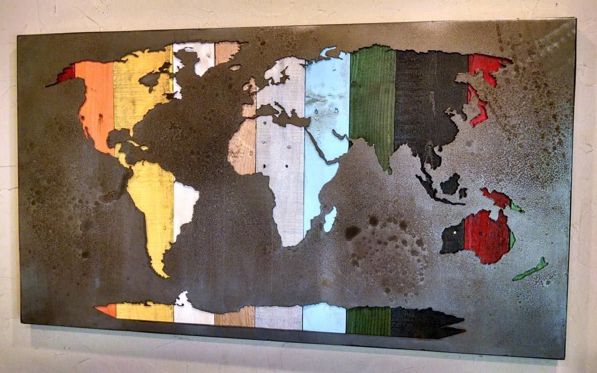 Map of the World - Reverse Cut Mural Map - 25.25" x 45" - Reclaimed Wood and Metal Art - Corporate Art