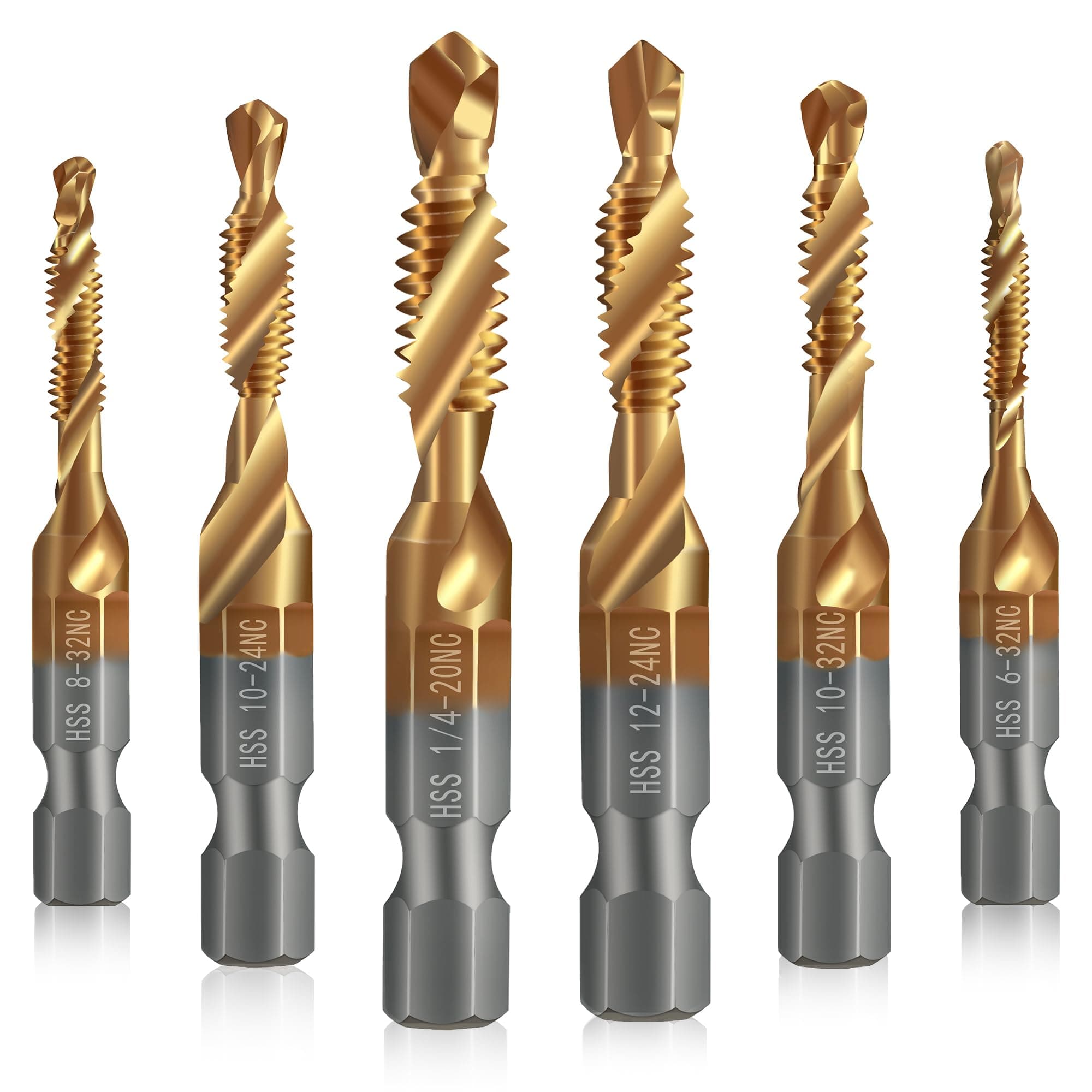 6 Pack Combination Drill and Tap Set, Professional HSS Titanium Thread Tap Drill Bit Set in SAE 6-32nc 8-32nc 10-32nc 10-24nc 12-24nc 1/4-20nc, Quick Change Screw Tapping with 1/4” Hex Shank