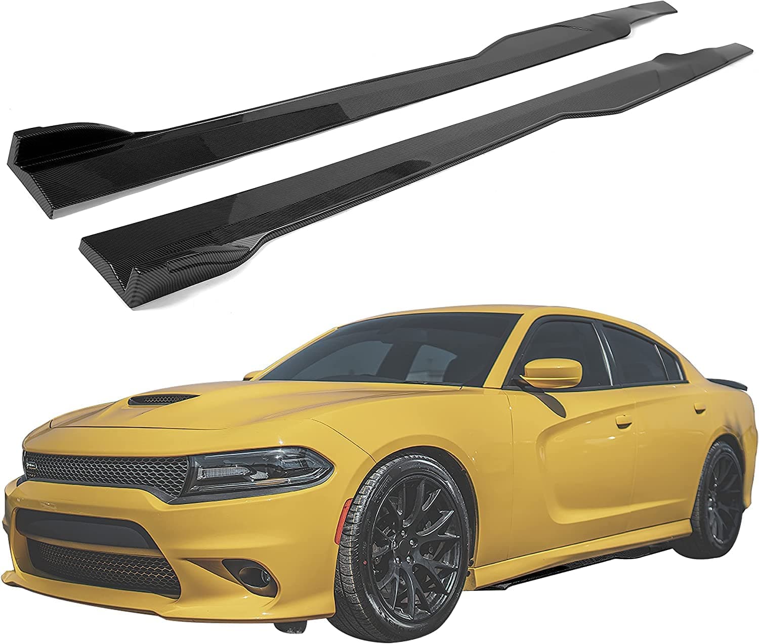 HECASA Side Skirts Extension Body Kit Replacement Compatible with 2015-2023 Dodge Charger SRT Rocker Panels Guard Side Splitter Pair Carbon Fiber Printing