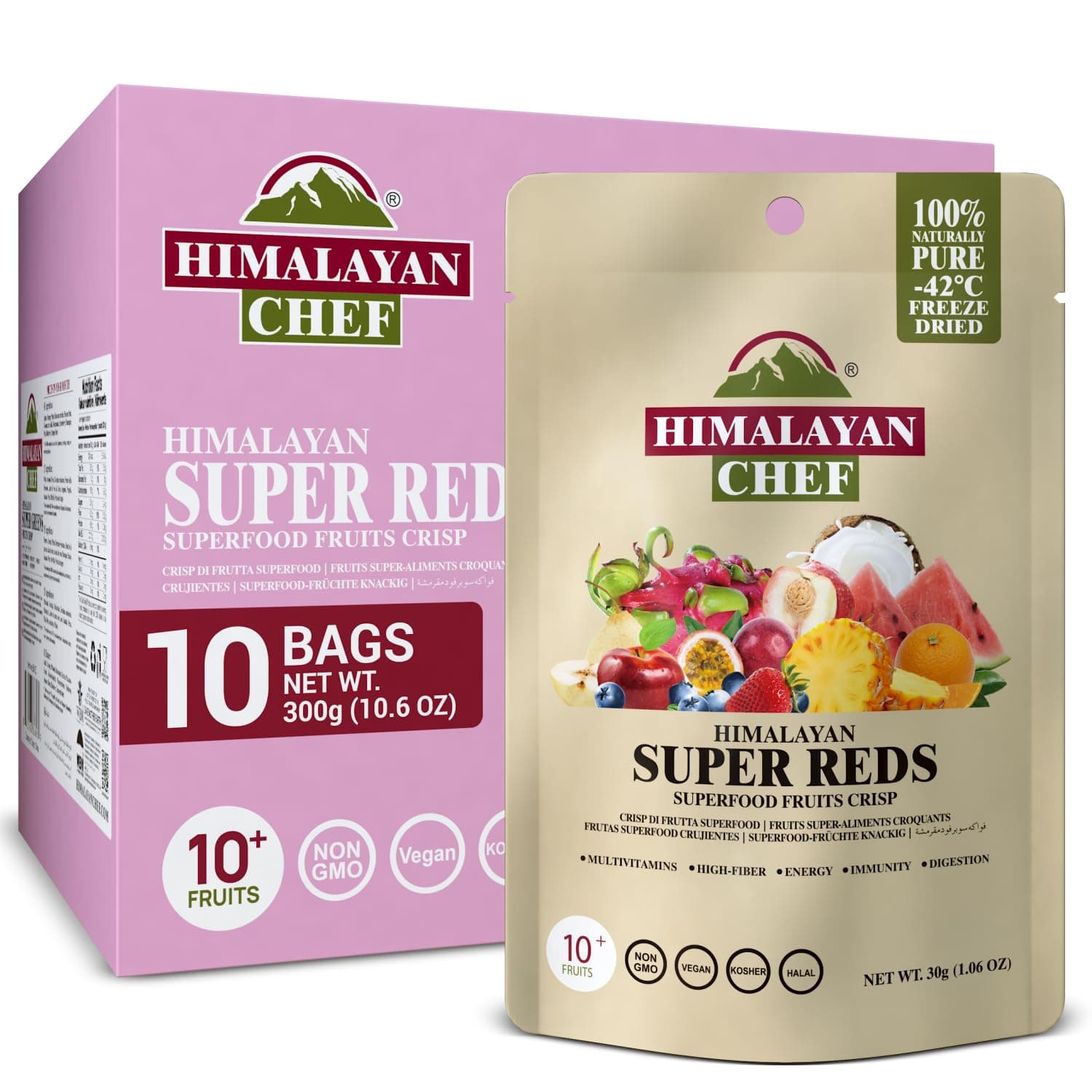 Himalayan Chef Super Reds Freeze-Dried Fruit Crisps, 30g/each 10 Pack | 10+ Superfood Fruits | Healthy Snacks Packed with Multivitamins, High Fiber & Antioxidants for Energy Boost
