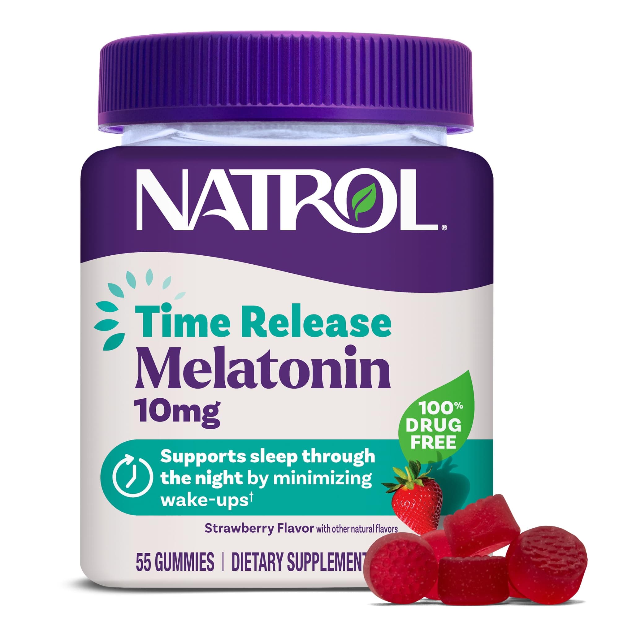 - 10 mg Melatonin Gummies, Time Release Sleep Gummies for Adults, Minimize Wake Ups, Strawberry-Flavored, 55 Count, 55 Day Supply