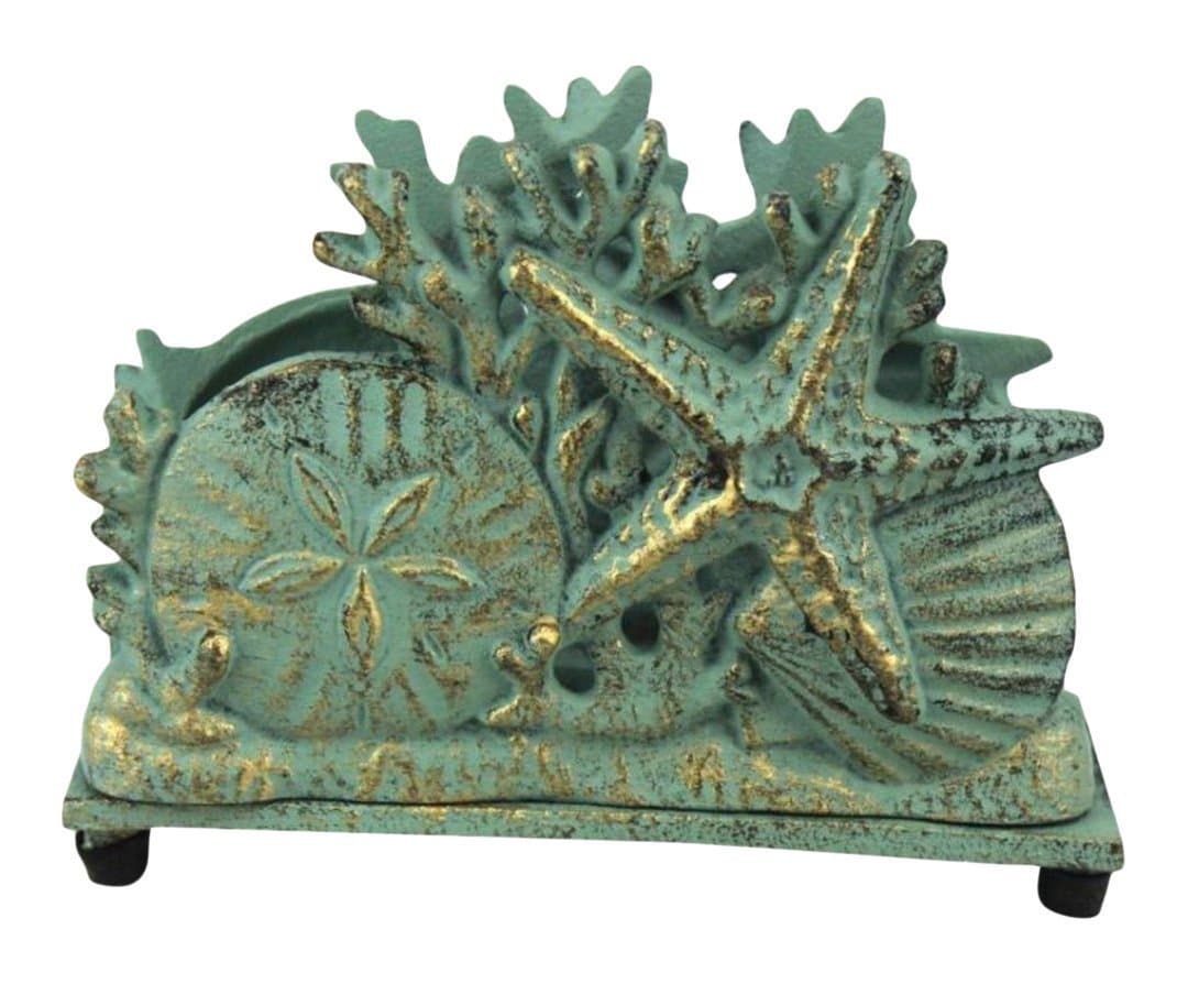 Hampton Nautical Antique Bronze Cast Iron Seashell Napkin Holder 7 Inch - Seashell Decoration - Beach Kitchen Decorating