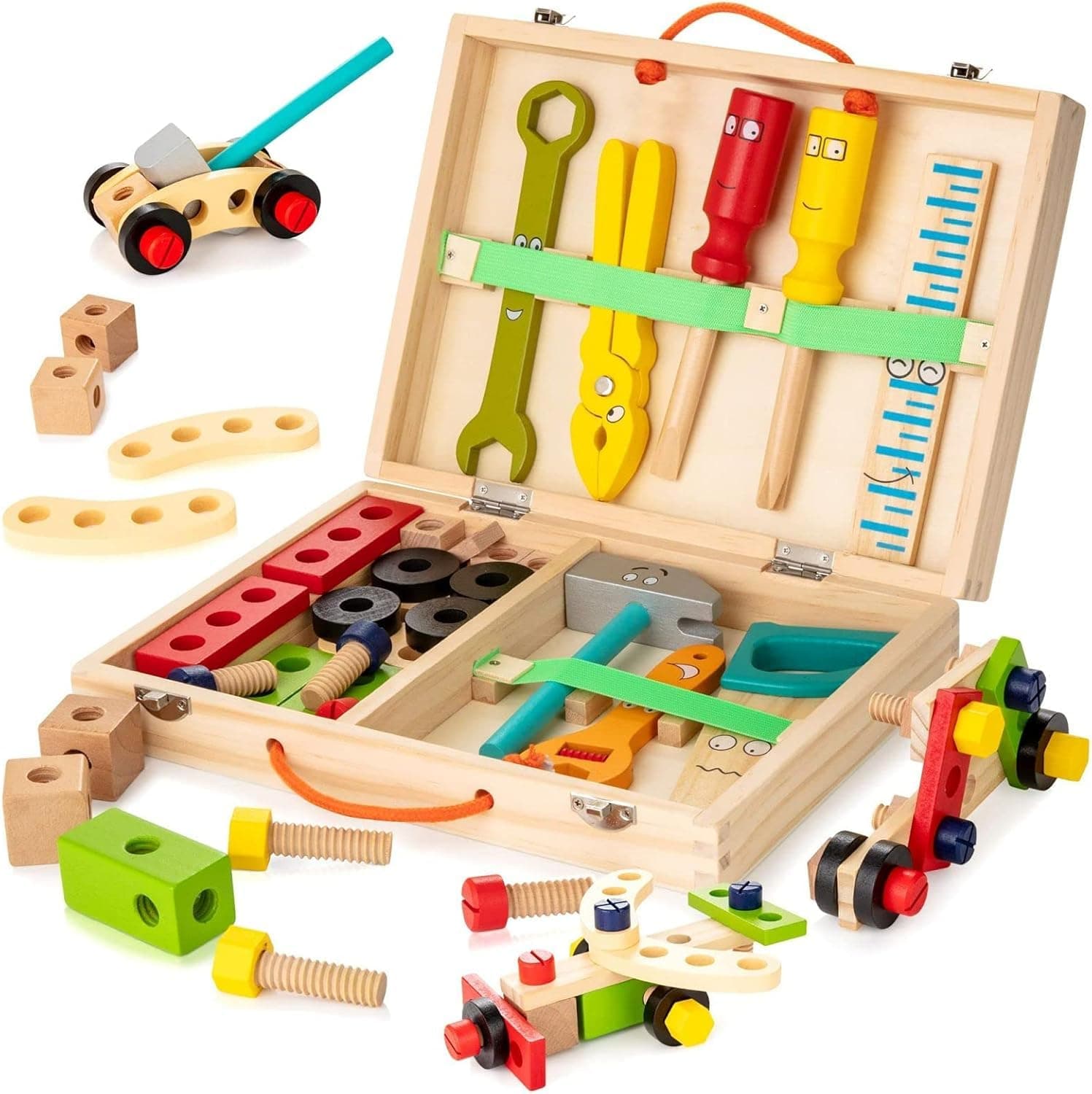 Smartans Kids Tool Kit, 34-Piece Wooden Tool Box and Building Toy Set, Educational STEM Construction Toy, Creative DIY Assembly kit for Toddlers Boys & Girls Develops Social Skills & Color Recognition