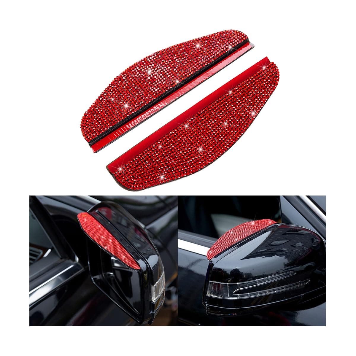 2PCS Car Rearview Mirror Rain Eyebrows, Bling Crystal Rear View Mirror Rain Visor Guard, PVC Waterproof Auto Mirror Visor Smoke Shade Cover, Automotive Exterior Accessories Decor(Red)