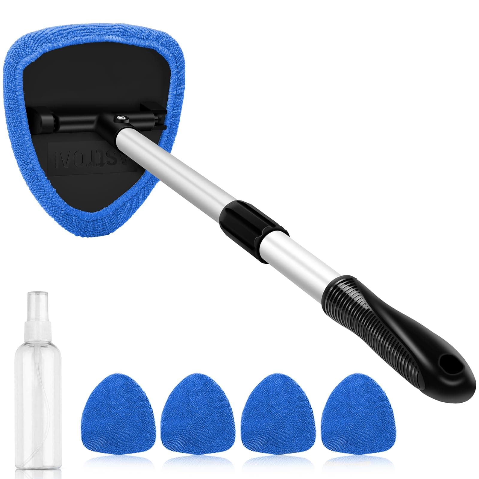AstroAI Car Windscreen Cleaner, Car Window Cleaner with 4 Reusable and Washable Microfiber Pads, Windshield Cleaning Tool with Detachable Handle Auto Inside Glass Wiper Kit, Blue