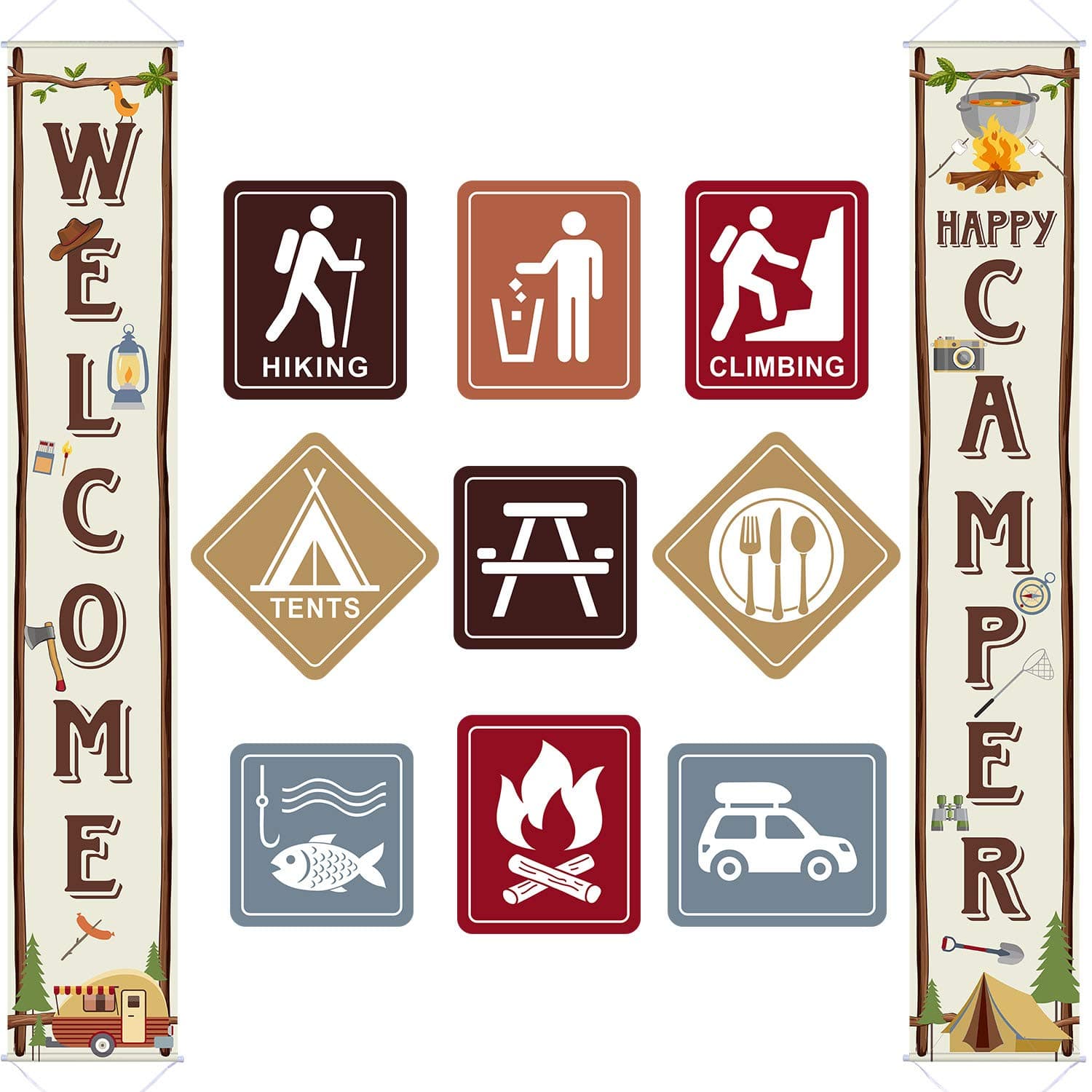 Blulu Camping Themed Party Decorations Set, Big Size Laminated Sign Cutouts, Camping Party Banner Welcome Porch Sign for Themed Birthday Decorations