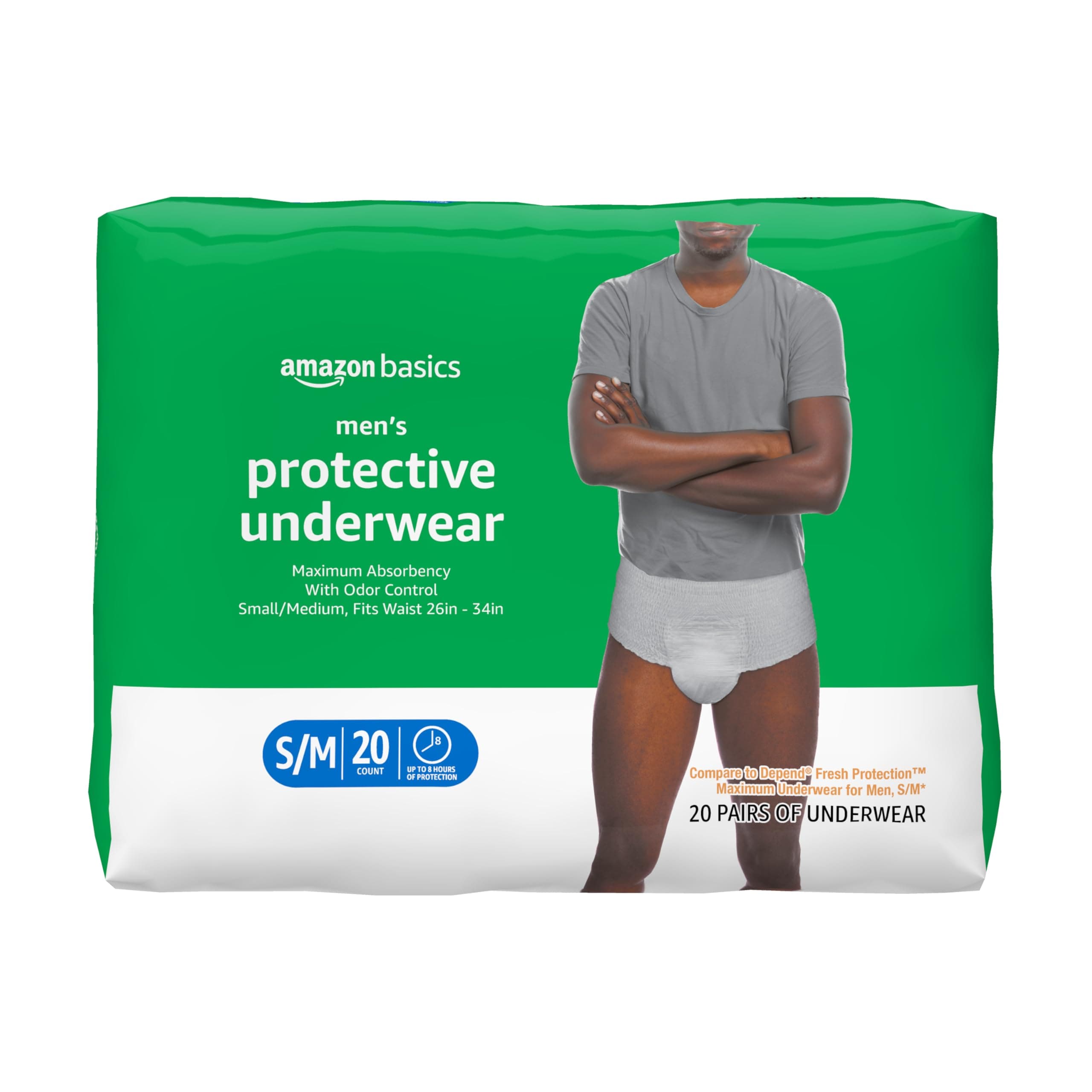 Amazon Basics Maximum Absorbency Incontinence Underwear for Men with Leak Protection, Dri-Fit Technology, Odor Control, Cotton Enhanced, Small/Medium, 20 Count