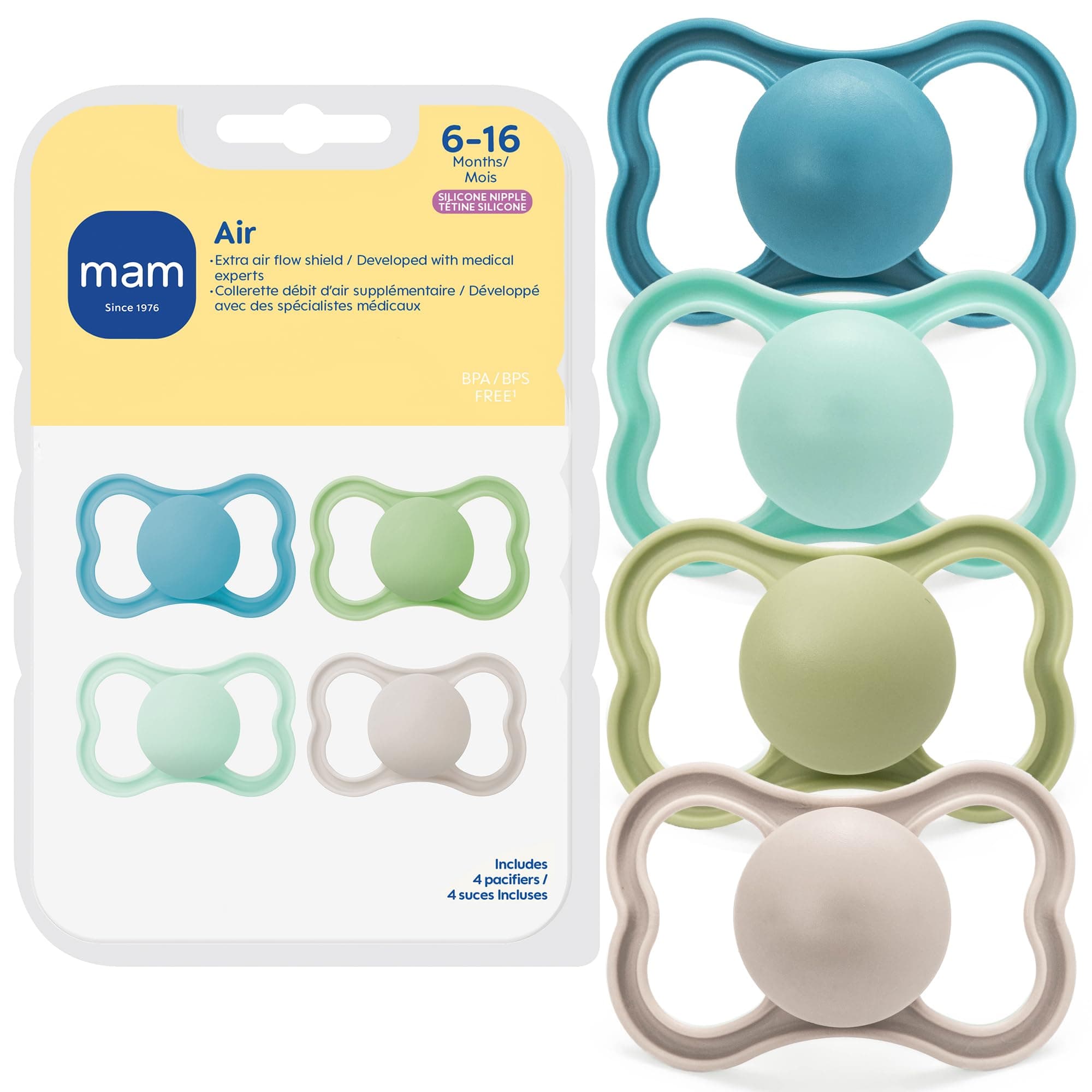 Air Pacifier for Babies 6-16 Months, Extra Air Flow for Sensitive Skin, Developed with Medical Experts, BPA-Free Skin Soft Silicone, 4 Count, Made in Europe