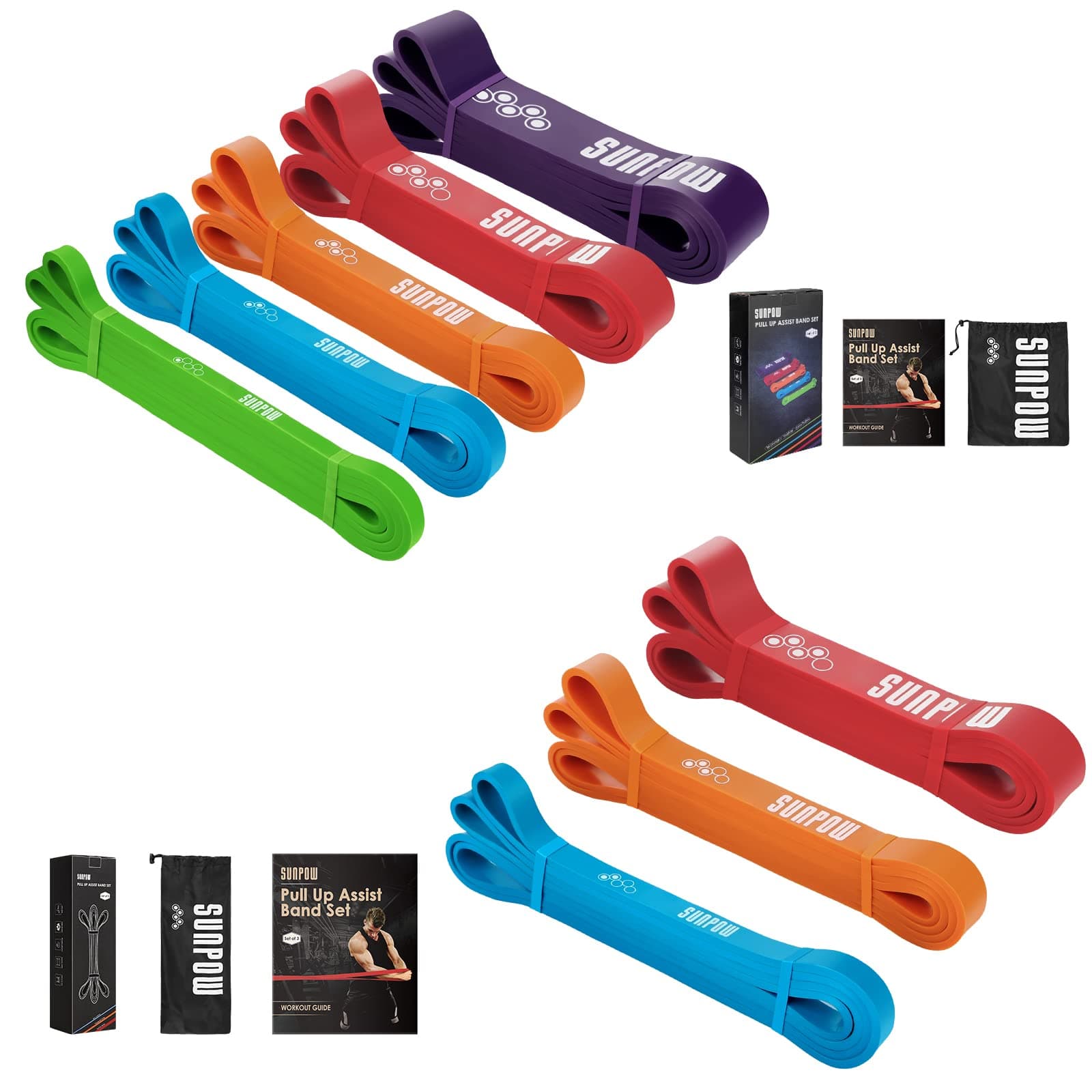 SUNPOWPull Up Assistance Bands-Set of 5 and 3 Resistance Heavy Duty Workout Exercise Crossfit Stretch Fitness Bands Assist Set for Body, Instruction Guide and Carry Bag Included