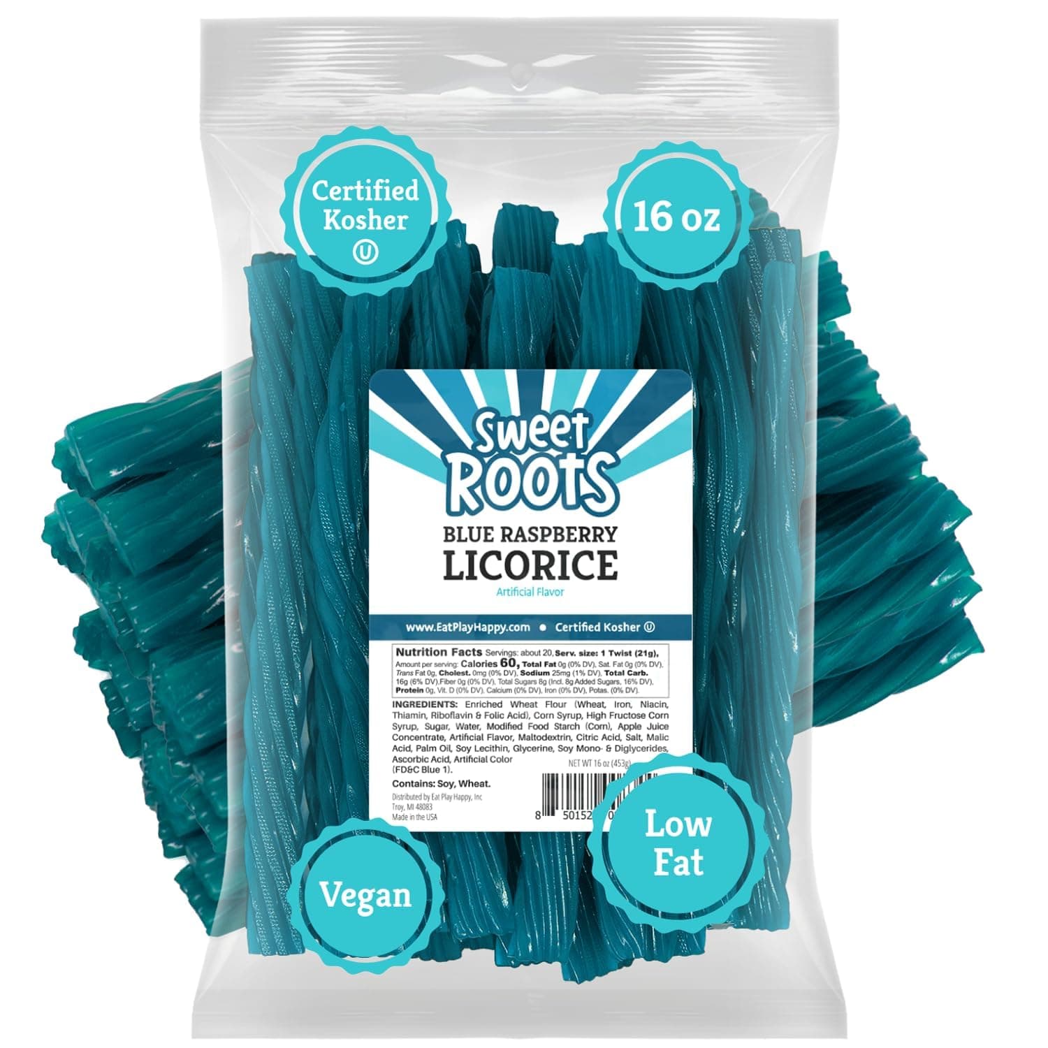 Sweet Roots Blue Raspberry Licorice Twists – 1 Bag (16 oz) – Jumbo Size Licorice Sticks | Made with Real Fruit Juice Concentrate | Vegan, Fat Free, Kosher | Soft Gourmet Licorice Candy