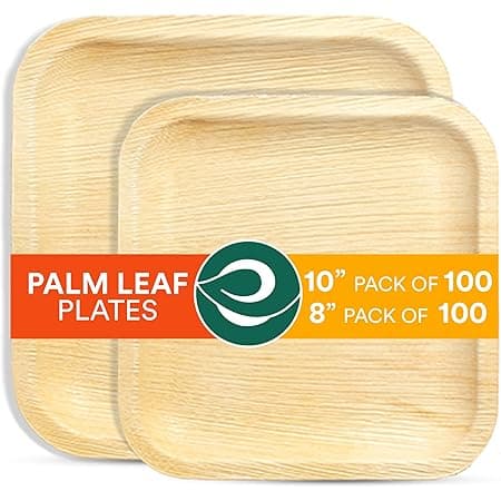 ECO SOULPalm Leaf Bundle Set 200 Count (8" & 10") | Palm Leaf Plate Square 10" 100 Count & Palm Leaf Plate Square 8" 100 Count | Party, Wedding, Event Plates