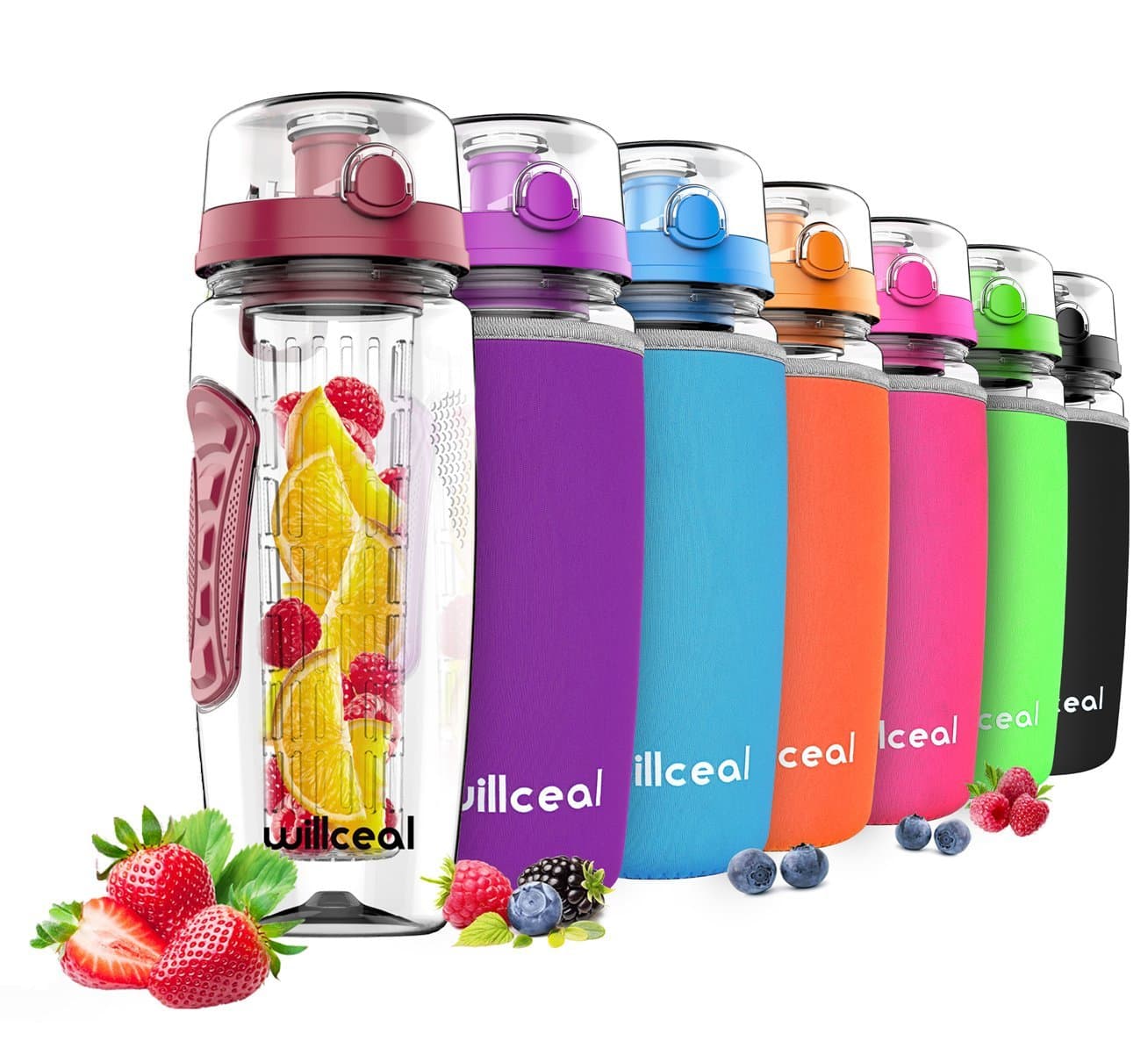 Fruit Infuser Water Bottle 32oz Durable, Large - BPA Free Tritan,Flip Lid, Leak Proof Design - Sports, Camping (Deep Red)