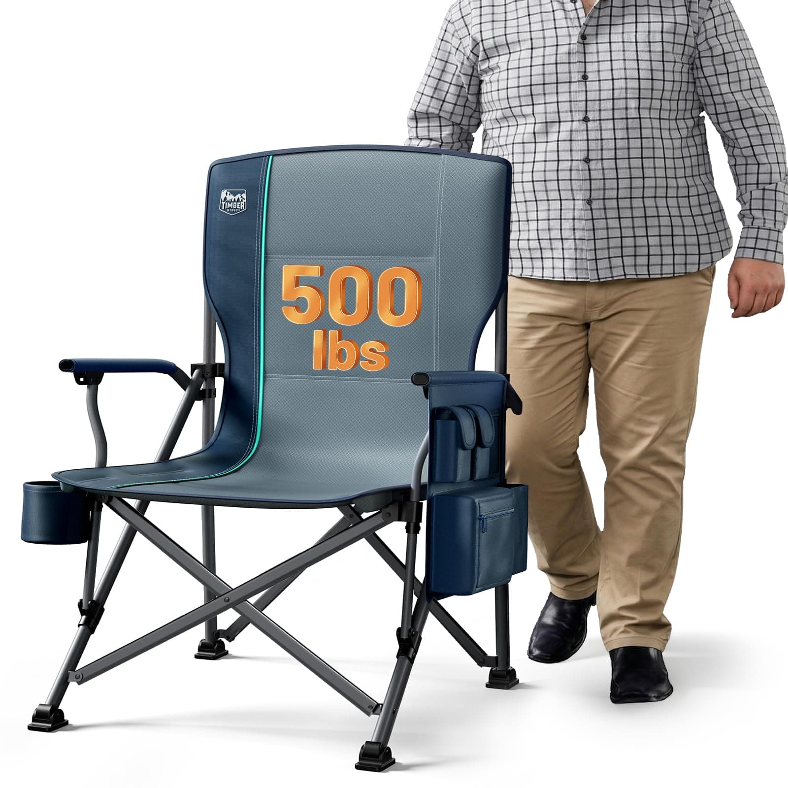TIMBER RIDGE Oversized Folding Camping Chair High Back Heavy Duty for Adults Support up to 500lbs with Cup Holder, Side Pocket Cooler Bag