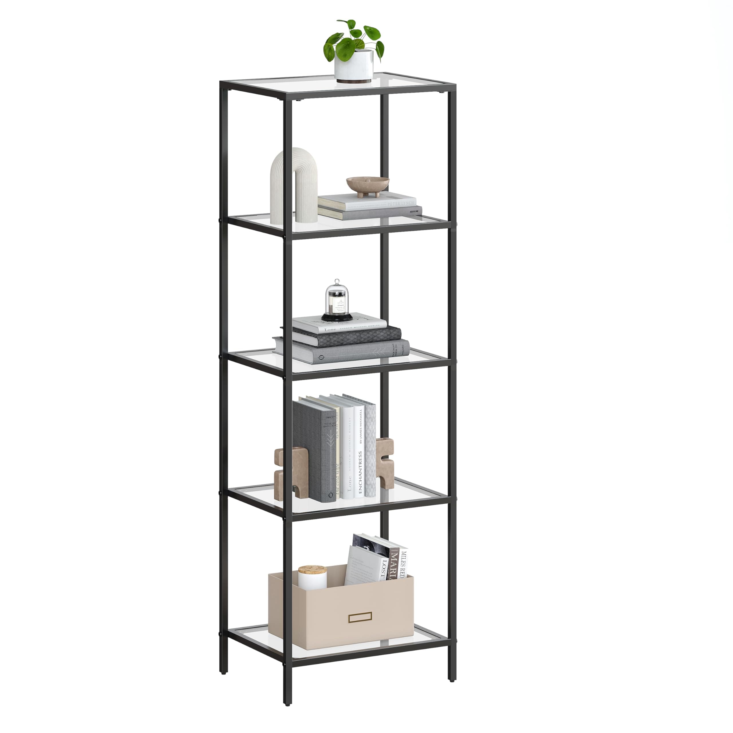 VASAGLE5 Tier Kitchen Cabinet Shelf Bathroom Column Storage for Living Room Bedroom Office Tempered Glass Steel Frame Black LGT029B61