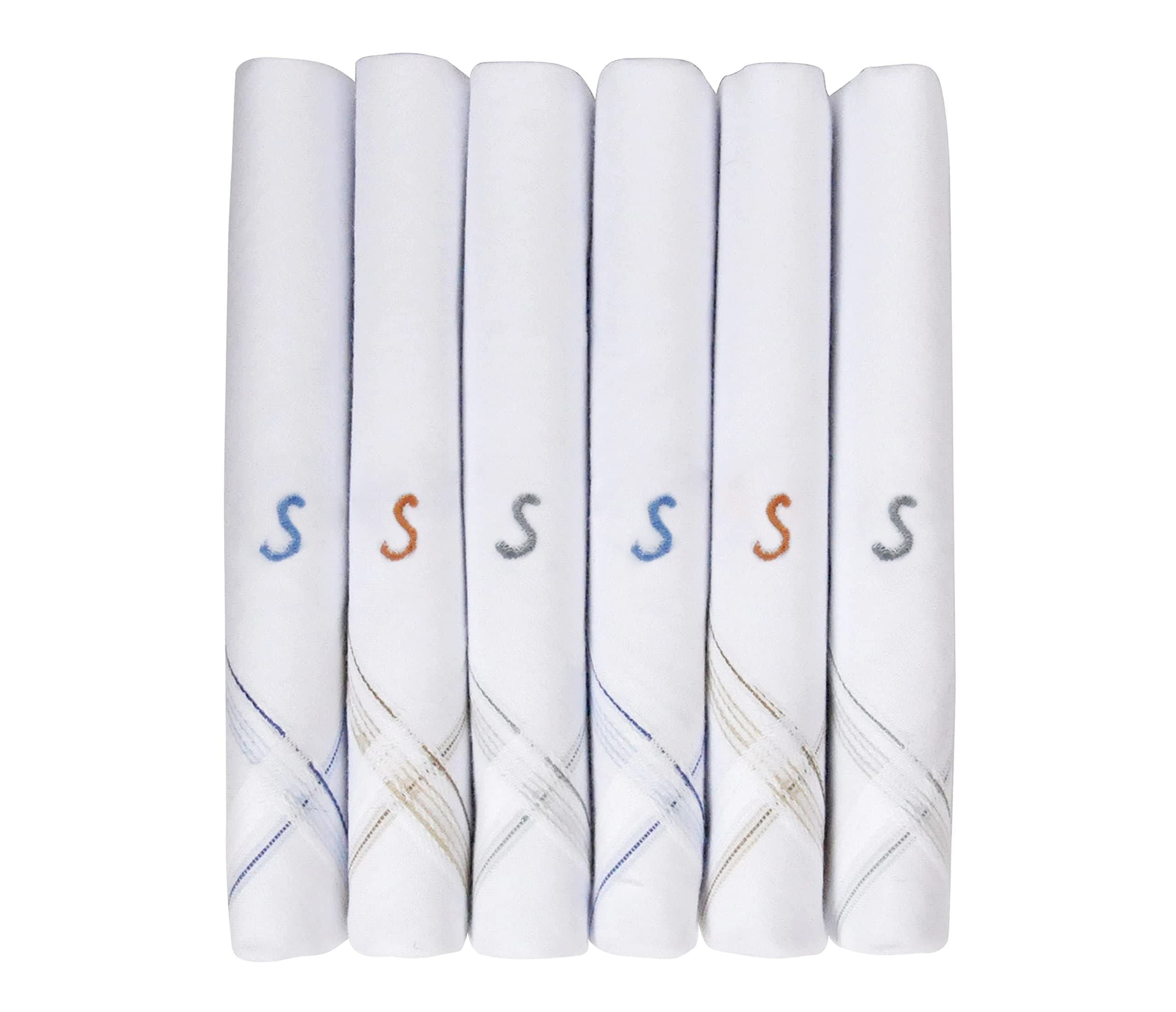 Caruso Italy Men's Personalized Initial Monogram Handkerchief (A-Z) Embroidered 100% Pure Cotton Pocket Square, Elegant Soft and Absorbent for Everyday Use or Gift, White, 46 x 46 cm, pack of 6