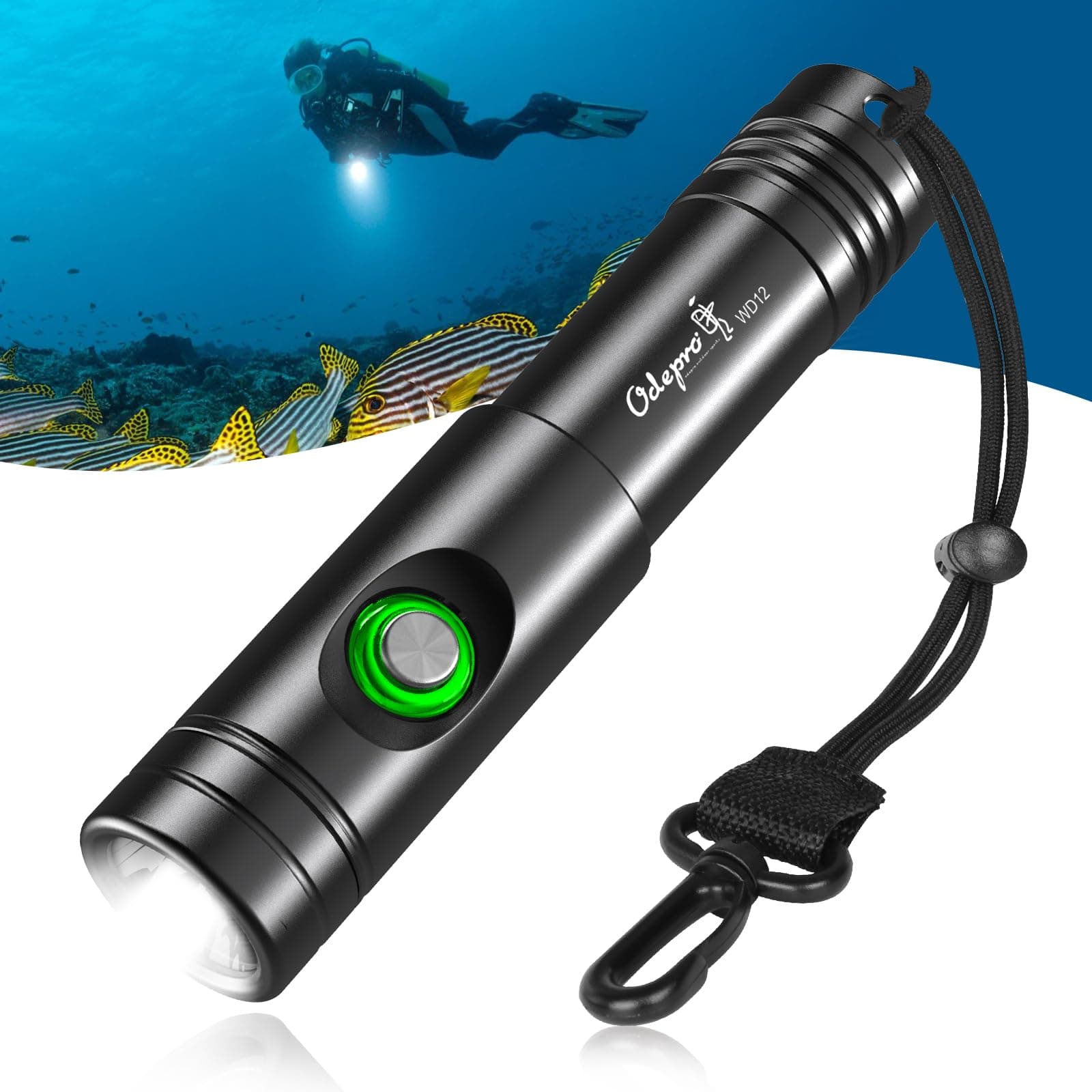 WD12 Dive Light - 1400 Lumens Compact Scuba Diving Backup Light with 3 Modes, IP68 Waterproof Submersible Torch, Underwater Snorkeling Flashlight with Push Button