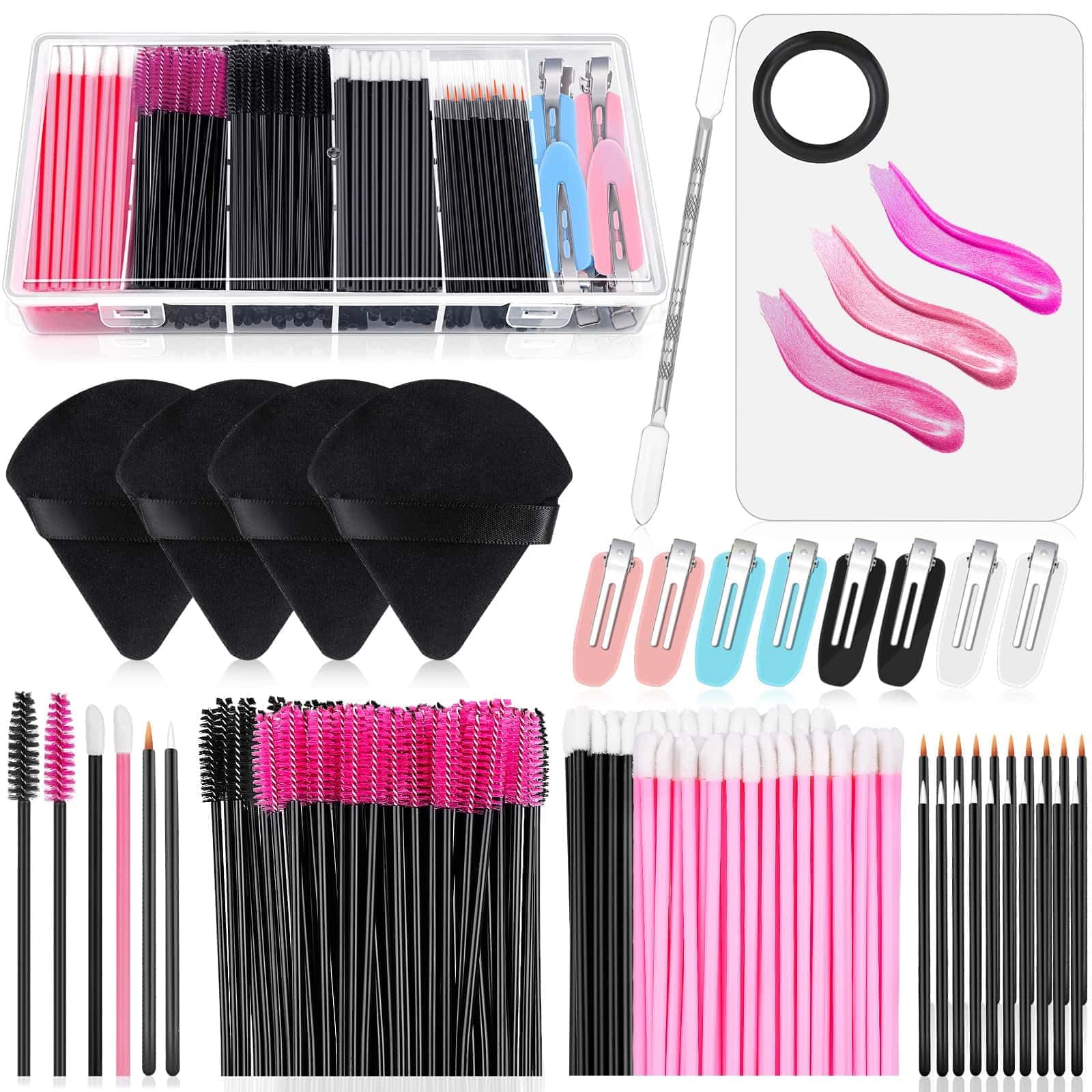 Disposable Makeup Applicators Kit, Cosmetic Makeup Mixing Palette with Spatula Artist Tool, Triangle Powder Puffs, Disposable Makeup Brushes Wands and Hair Clips with Clear Organizer Box