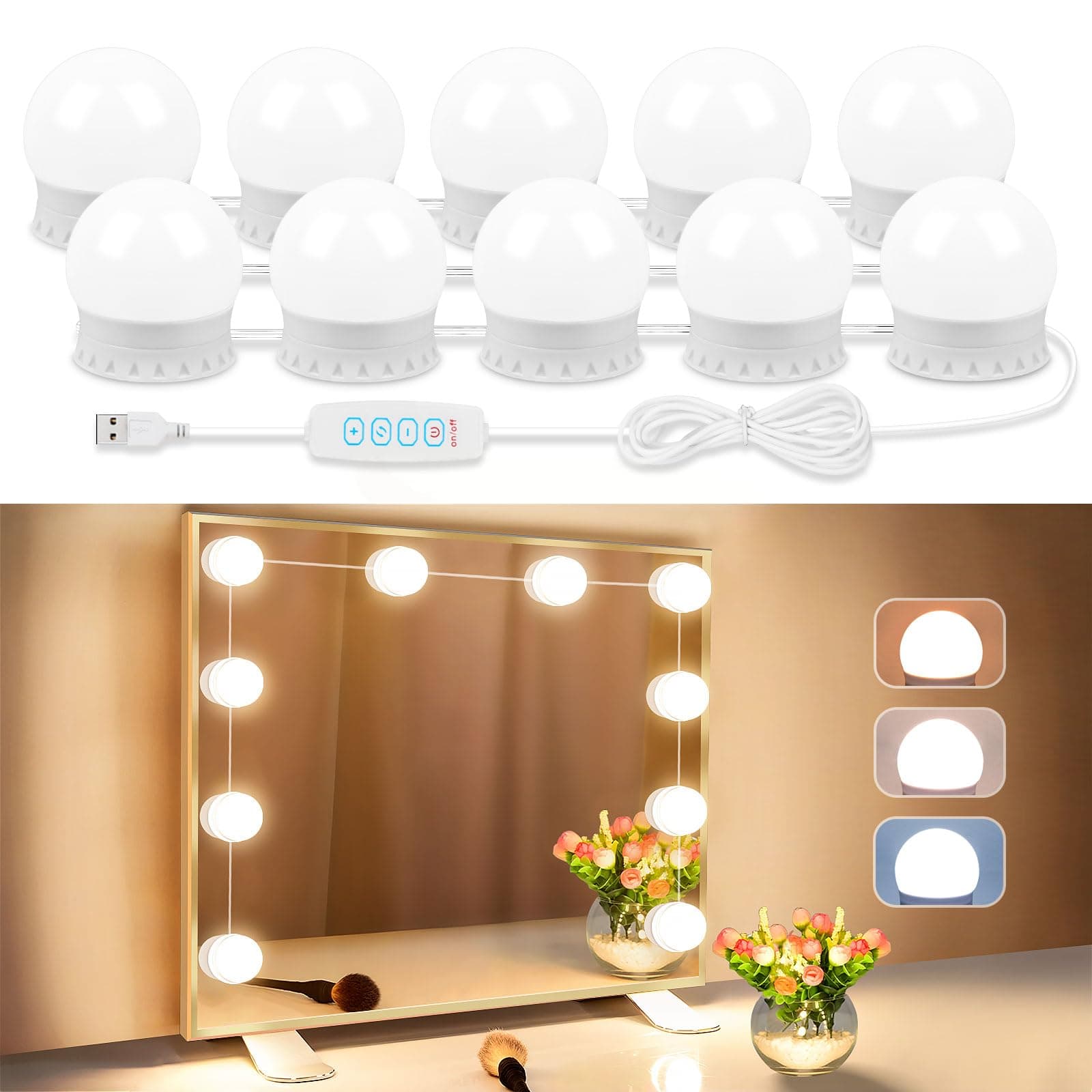LED Vanity Lights For Mirror, Vanity Lights Stick on with 10 Dimmable Bulbs, 3000K 4000K 6500K & 10 Level Brightness Adjustable, USB Cable, Hollywood Mirror Lights for Makeup Dressing Room Bathroom