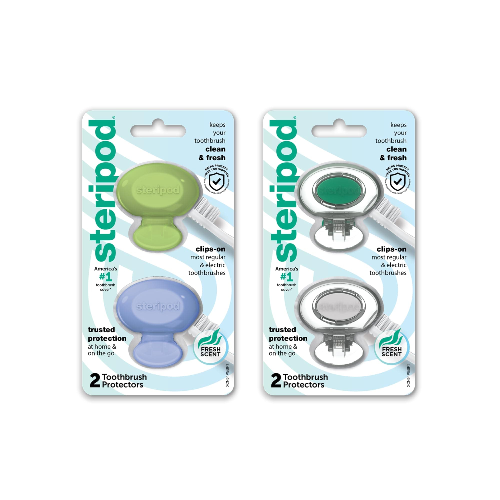 Steripod Clip-On Toothbrush Protector, Keeps Toothbrush Fresh and Clean, Fits Most Manual and Electric Toothbrushes, Blue, Green, Red, Orange, 4 Count