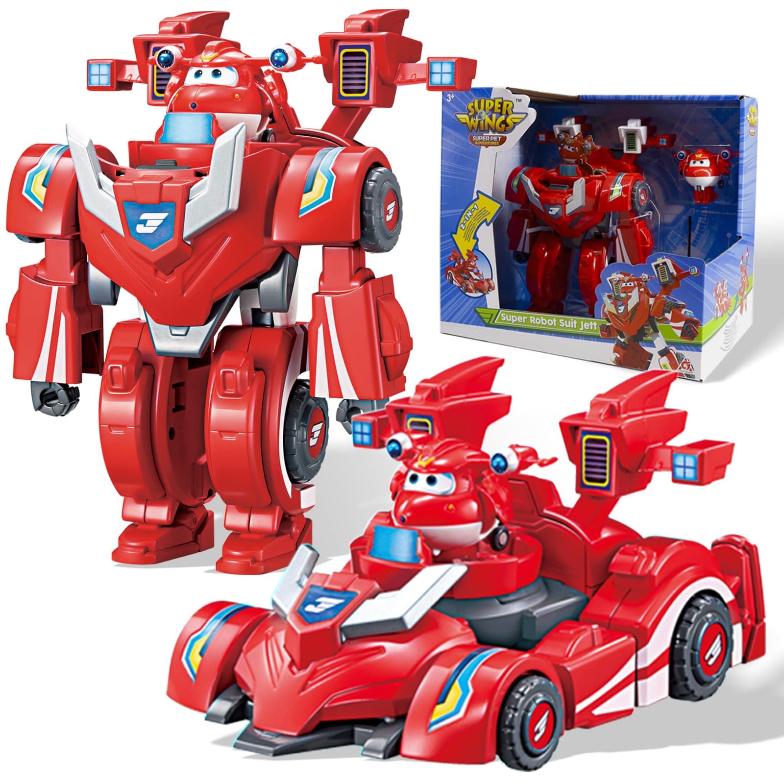 Transformable Toys, 7" Super Robot and 2" Mini Jett Transforming Suit, 2 in 1 Racing Car-Robot Action Figure for Boys and Girls Age 3+, Gifts for Preschool Kids, Red