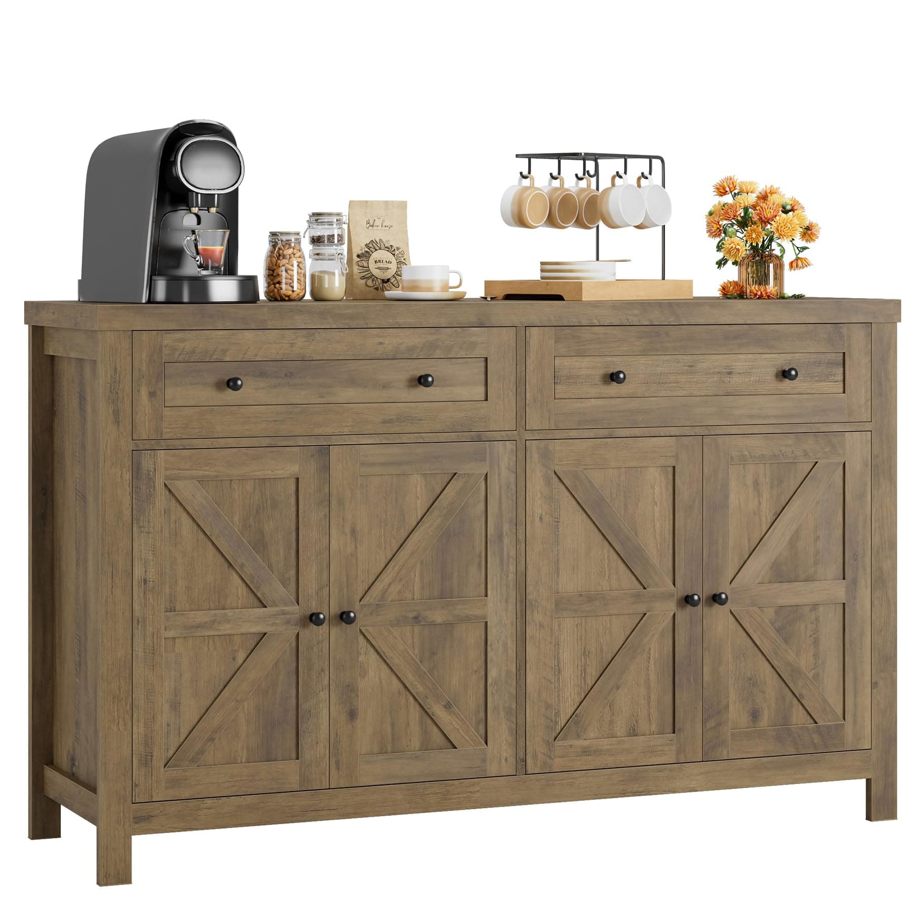 HOSTACK 55" Buffet Sideboard Cabinet with Storage, Modern Farmhouse Coffee Bar with Drawers and Shelves, Barn Doors Storage Cabinet for Kitchen, Living Room, Rustic Brown