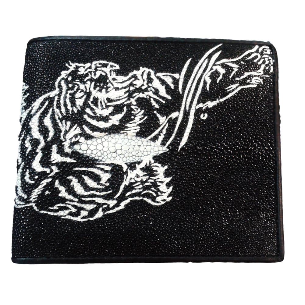 Stingray Leather Wallet Bi-Fold with Left Flap / Black Bengal Painted Design