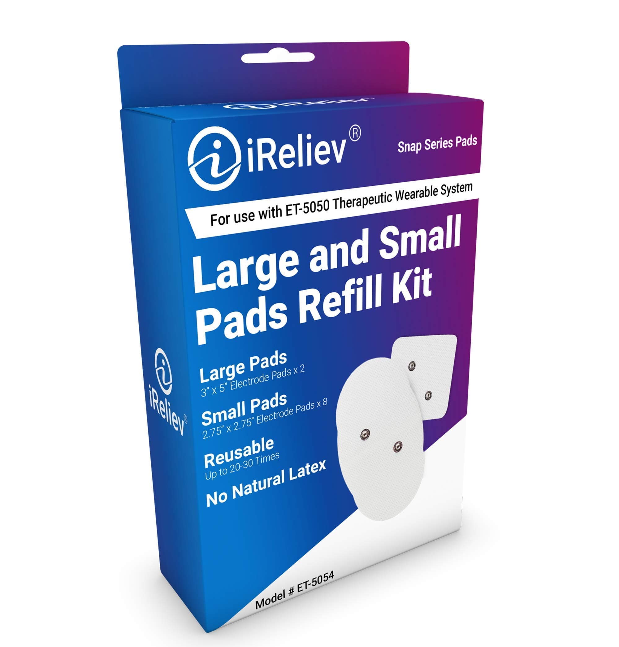 iReliev Wireless Large & Small Pads Refill Kit, Model ET-5054 - (8) 2.75" x 2.75" & (2) 3" x 5" Electrode Pads, Fits Wireless TENS Unit + Muscle Stimulator Model ET-5050 Therapeutic Wearable System