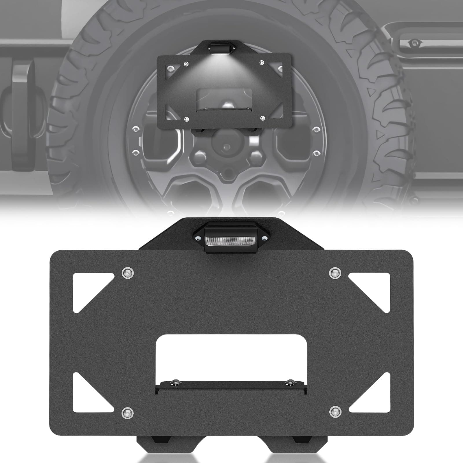 Spare Tire License Plate Frame with LED Light Compatible with 2021 2022 2023 2024 2025 2026 Ford Bronco, Heavy Duty Steel Licence Bracket Holder Plates Frames Rear Relocation Mounting Black