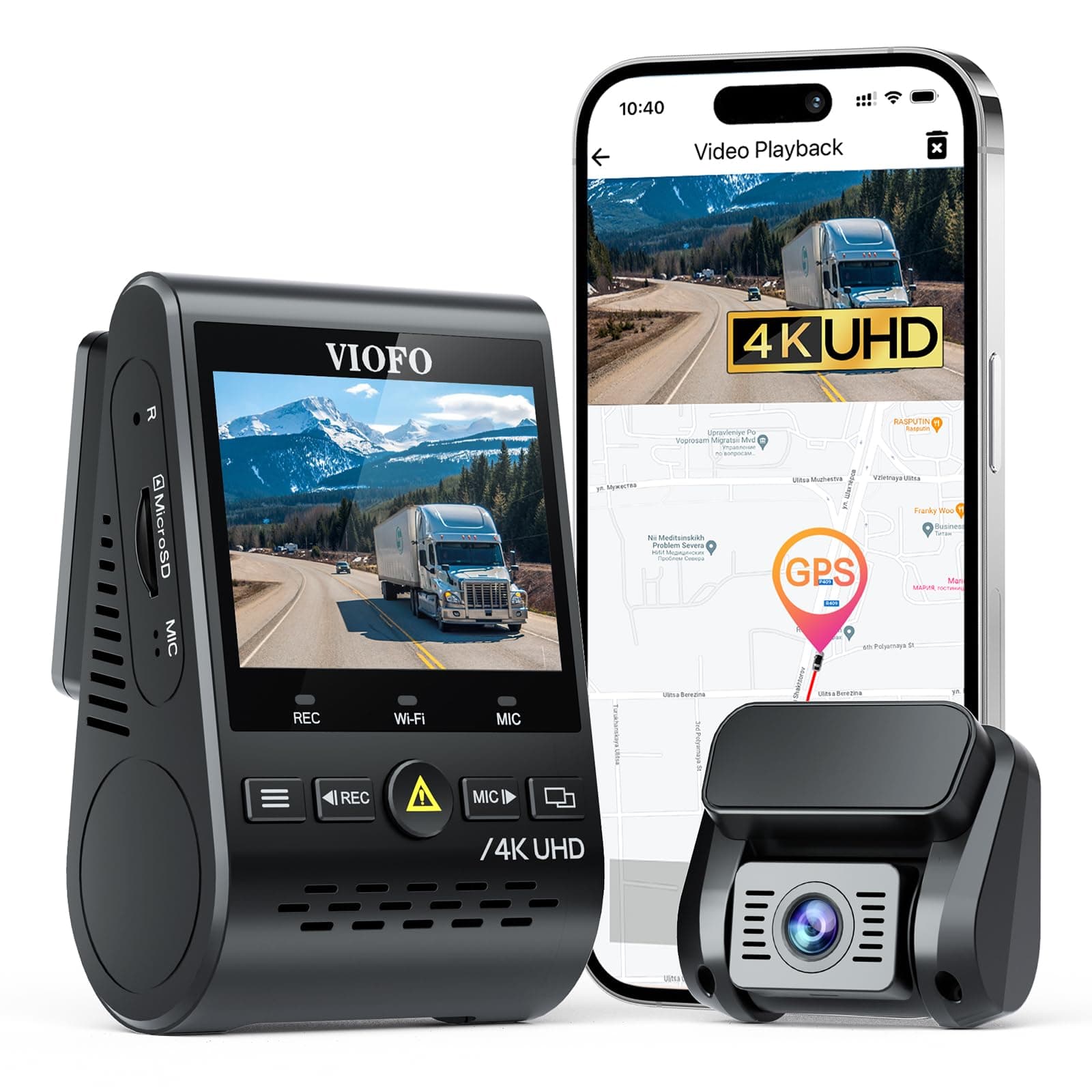 A129 Pro Duo 4K Dual Dash Cam 3840 x 2160P Ultra HD 4K Front and 1080P Rear Car WiFi Dash Camera 8MP Sensor GPS, Buffered Parking Mode, G-Sensor, Motion Detection, WDR, Loop Recording