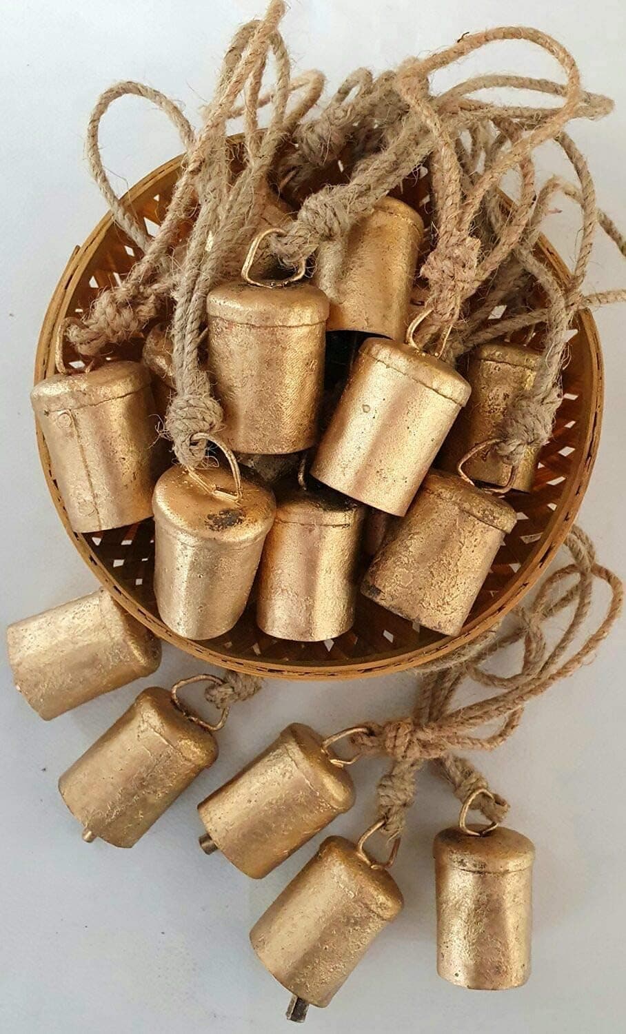 Vintage Rustic Lucky Cylinder Shaped Unique Style Tin Cow Bells Set of 10 Handmade Christmas Décor Bells with Jute Rope (4 cm)