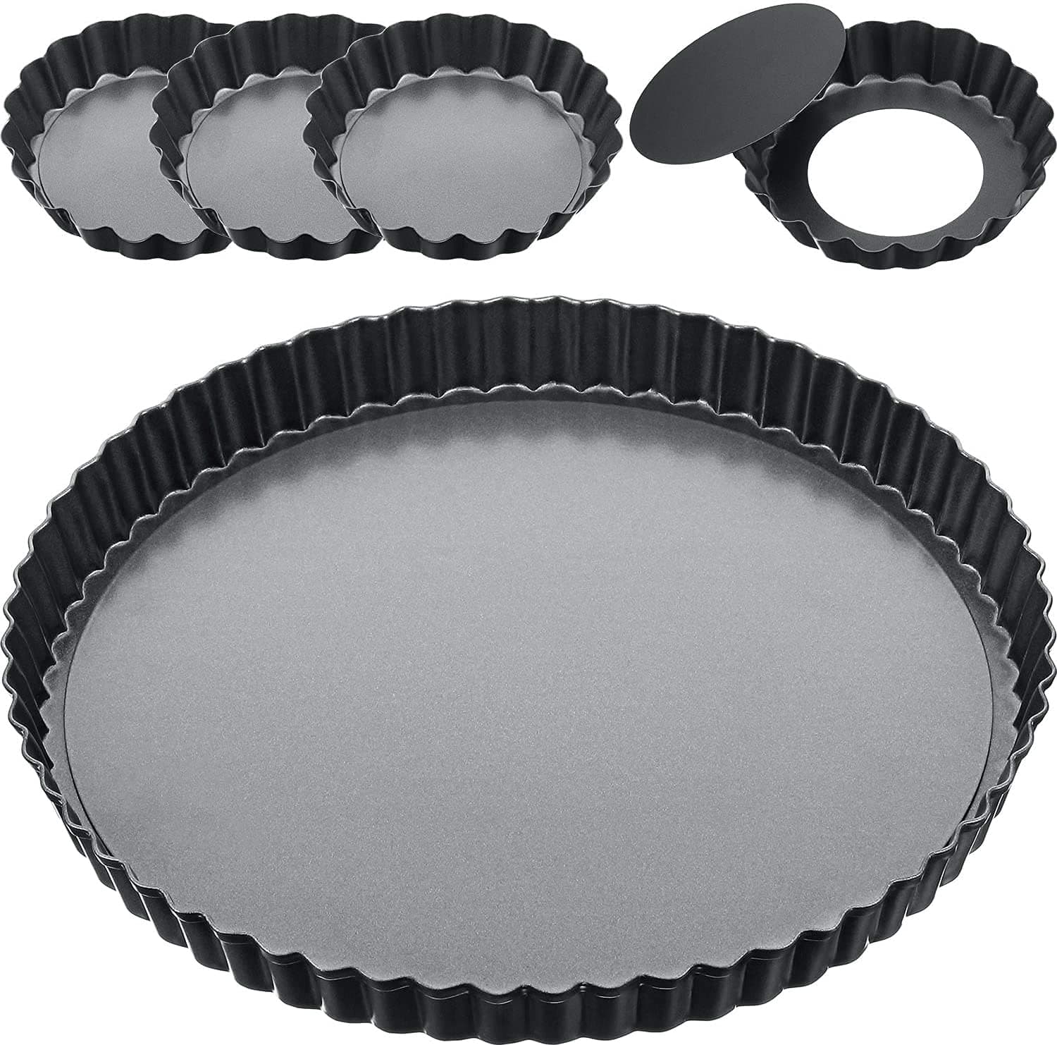 Tart Pan Removable Bottom Quiche Pan Non-Stick Pie Tart Baking Dish Pan Carbon Steel Quiche Pan for Kitchen Cooking Baking (Grey) Quick Release and Easy Clean9 Inch and 4 Inch 5 Pack