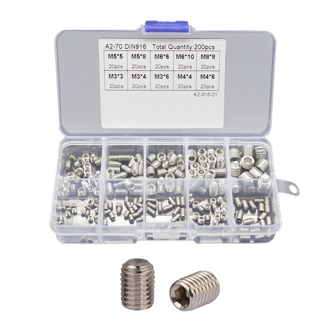 Adiyer 200 Pcs M3 M4 M5 M6 M8 Internal Hex Drive Socket Set Screw Assortment Kit, Cup-Point, 304 Stainless Steel