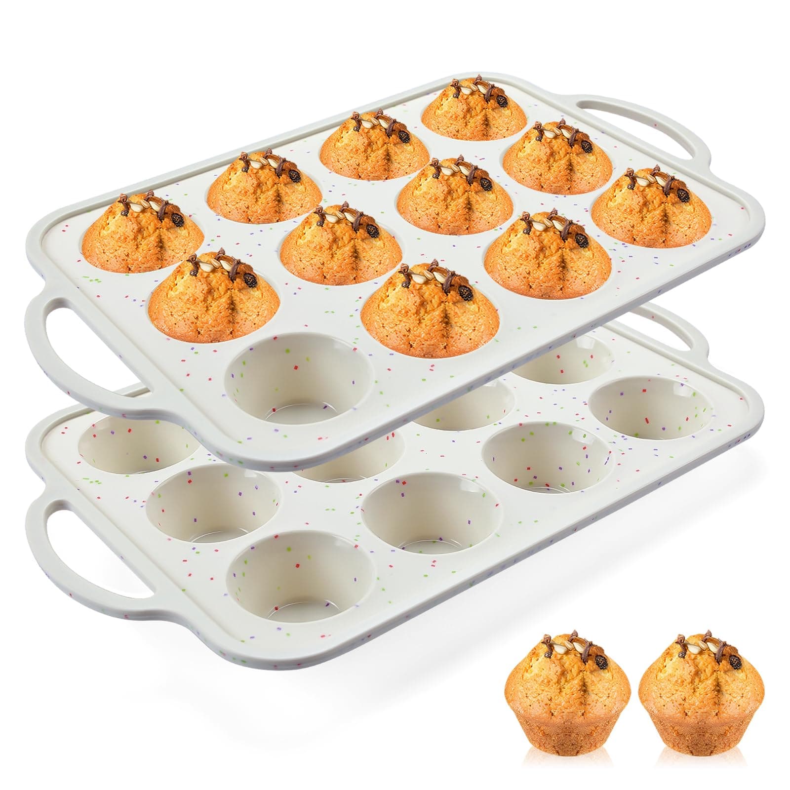 2Pack Silicone Small Muffin Pans, 12 Cups Mini Silicone Cupcake Pan with Metal Reinforced Frame, Non-stick Muffin Tray, Cupcake Baking Pan for Oven Dishwasher Safe - Cream