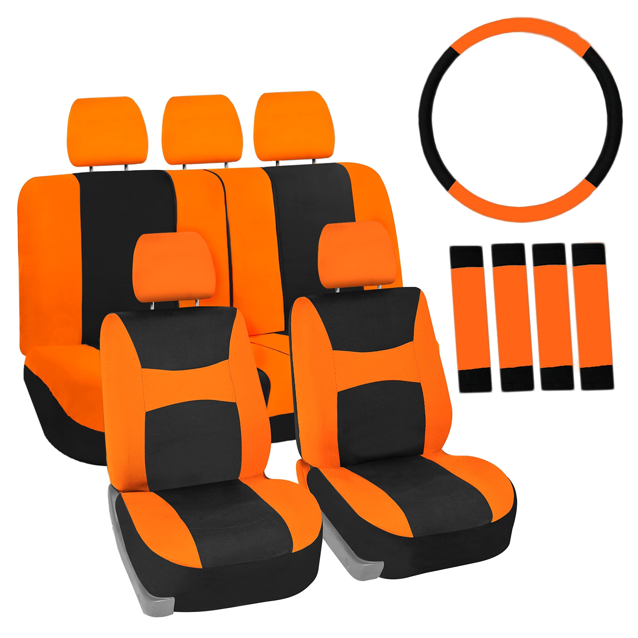 FH Group FB030ORANGE-COMBO Seat Cover Combo Set with Steering Wheel Cover and Seat Belt Pad (Airbag Compatible and Split Bench Orange)