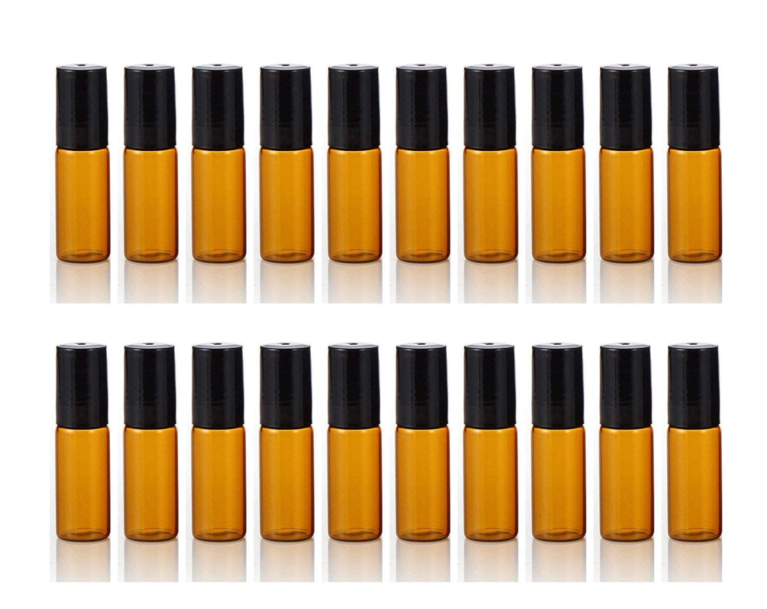 ELFENSTALL- 20PCS 5ml Amber Glass Roller Bottles Roll On Bottle Container with Metal Ball for Essential Oil Aromatherapy Perfumes and Lip Balms - 3ML Dropper Included
