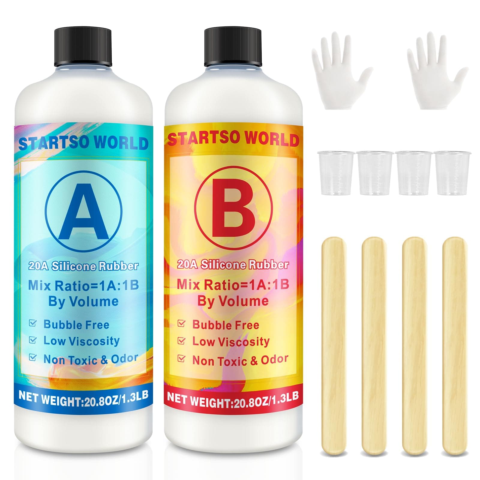 Silicone Mold Making Kit, 20A Translucent Platinum RTV-2 Liquid Silicone Rubber 2.6LB for Casting Resin, Soap, Candle, Clay, DIY Molds -1:1 by Volume with Tool 4 Cups,4 Sticks,2 Droppers,1 Pair Gloves